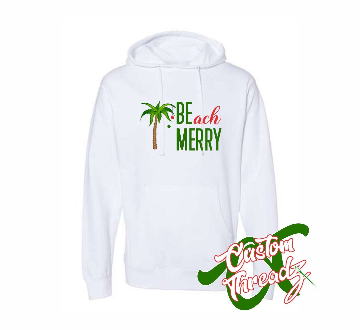 white hoodie with beach merry be merry DTG printed design