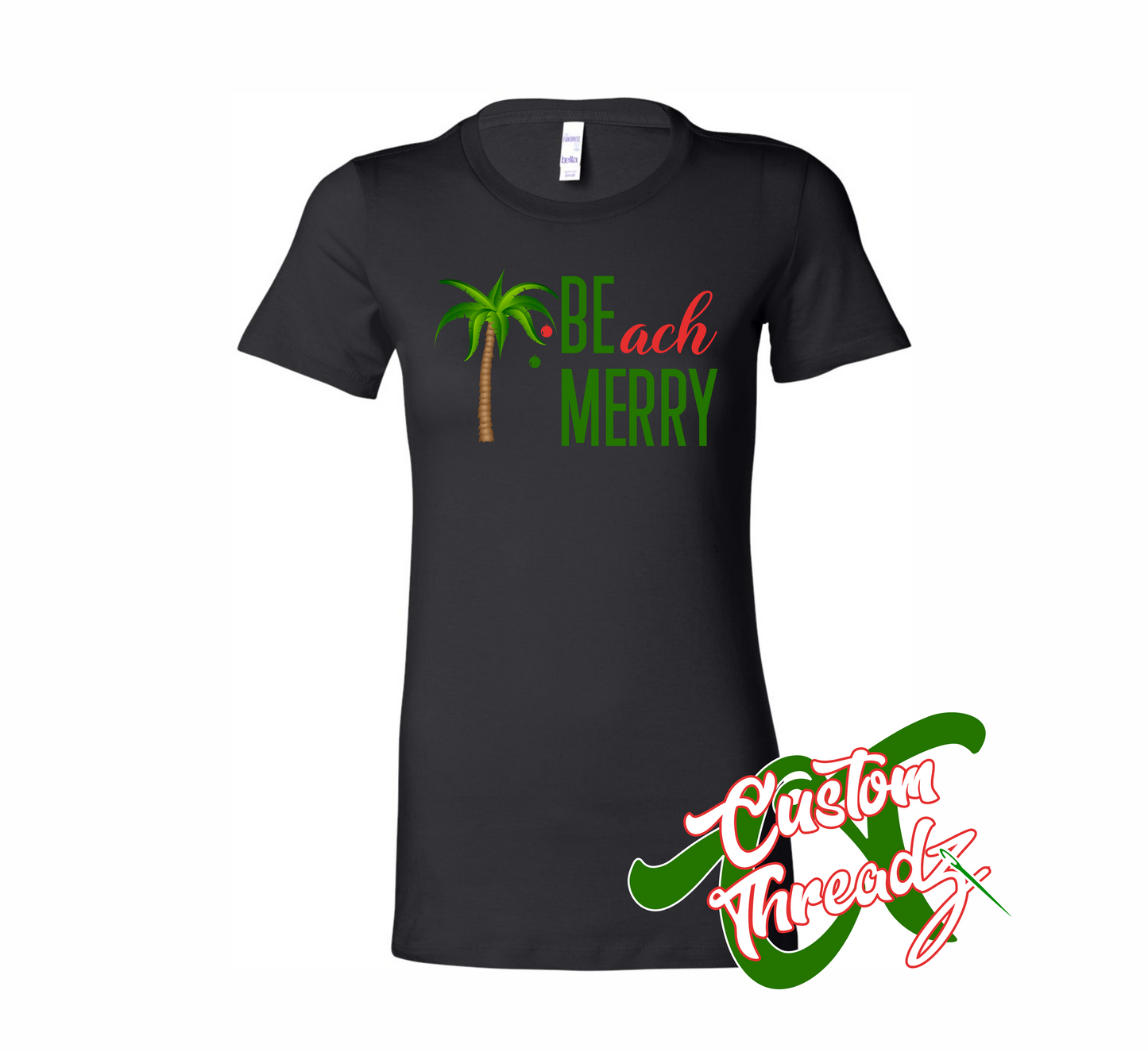women's black t-shirt with beach merry be merry DTG printed design