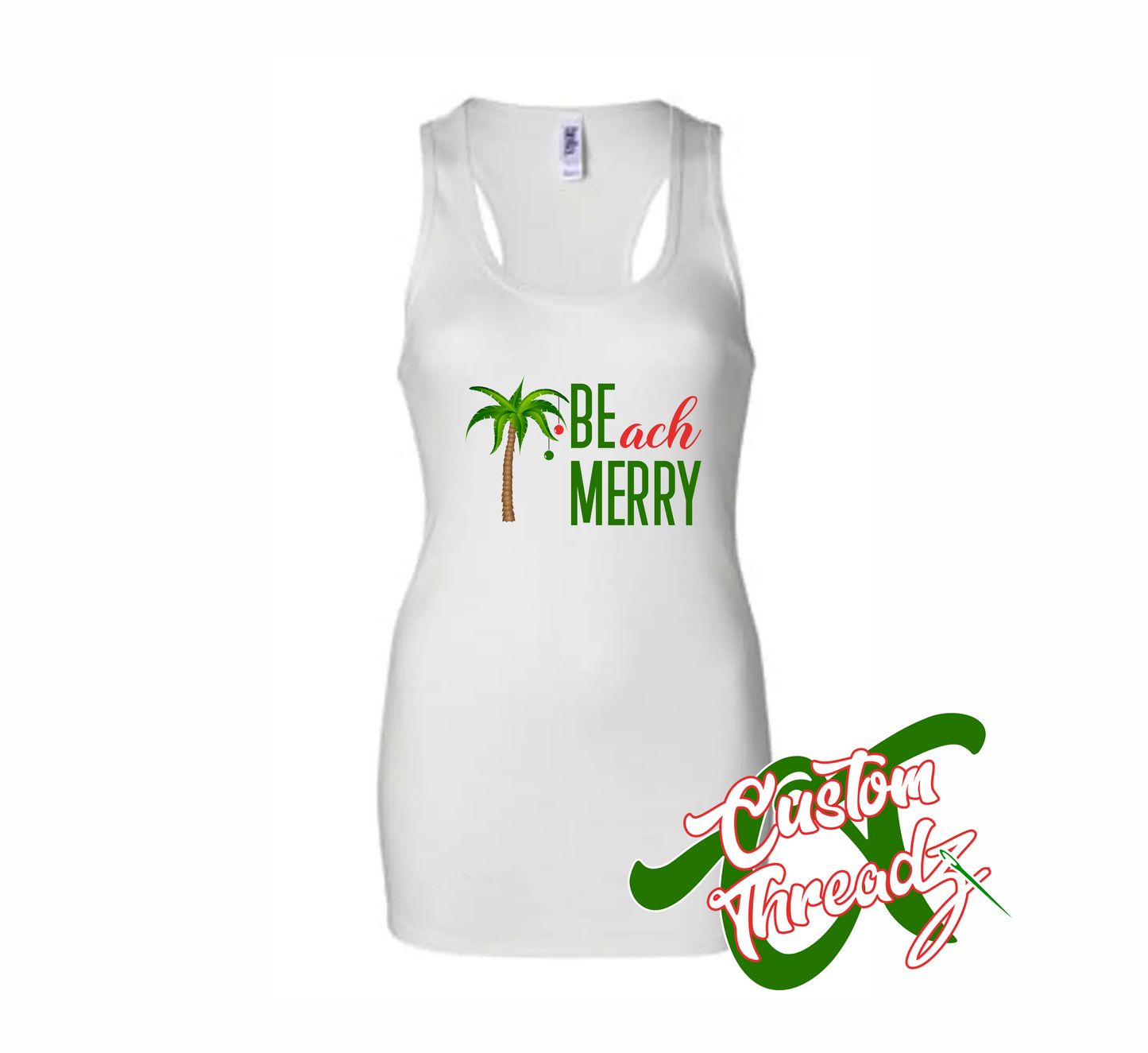 women's white tank top with beach merry be merry DTG printed design