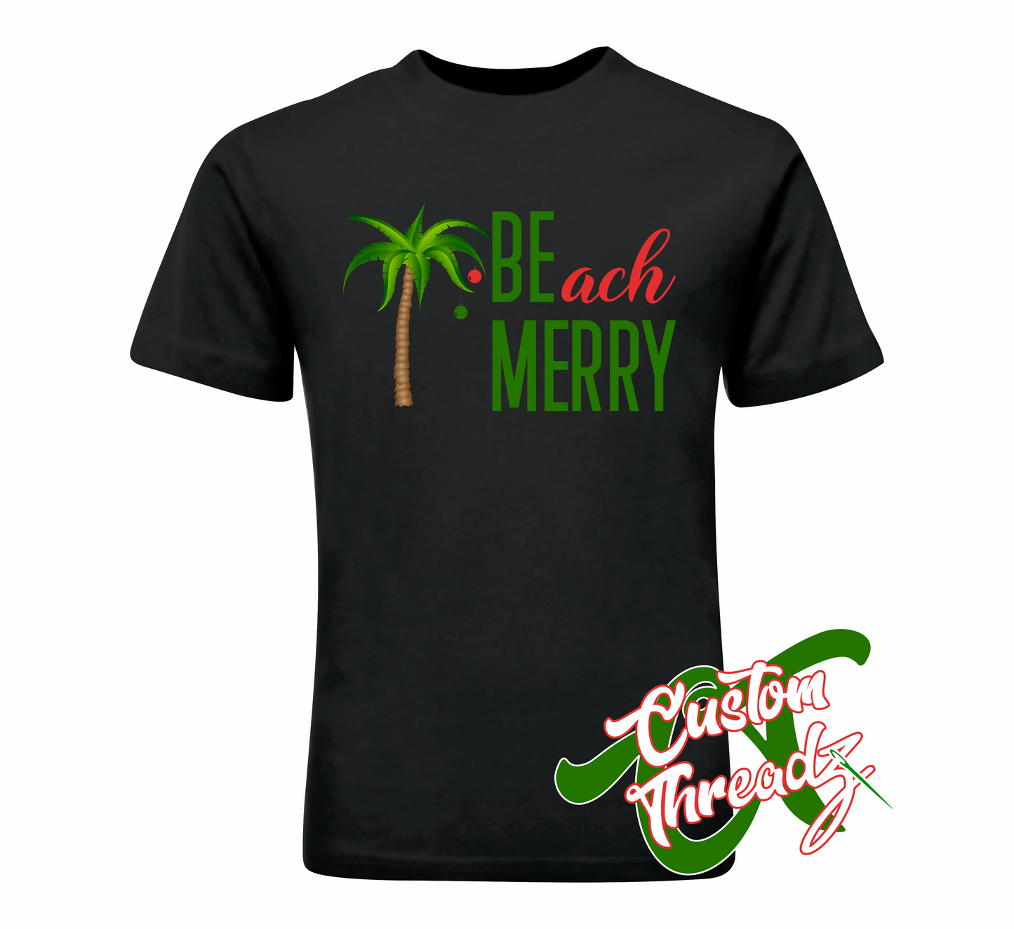 adult black tee with beach merry be merry DTG printed design