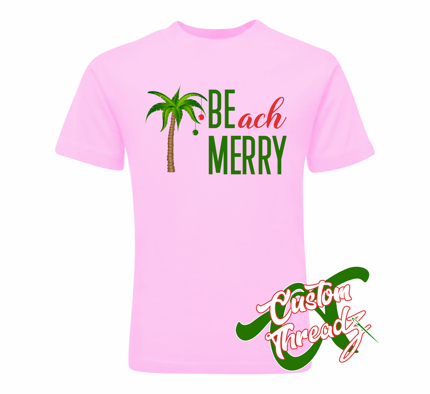 adult pink t-shirt with beach merry be merry DTG printed design