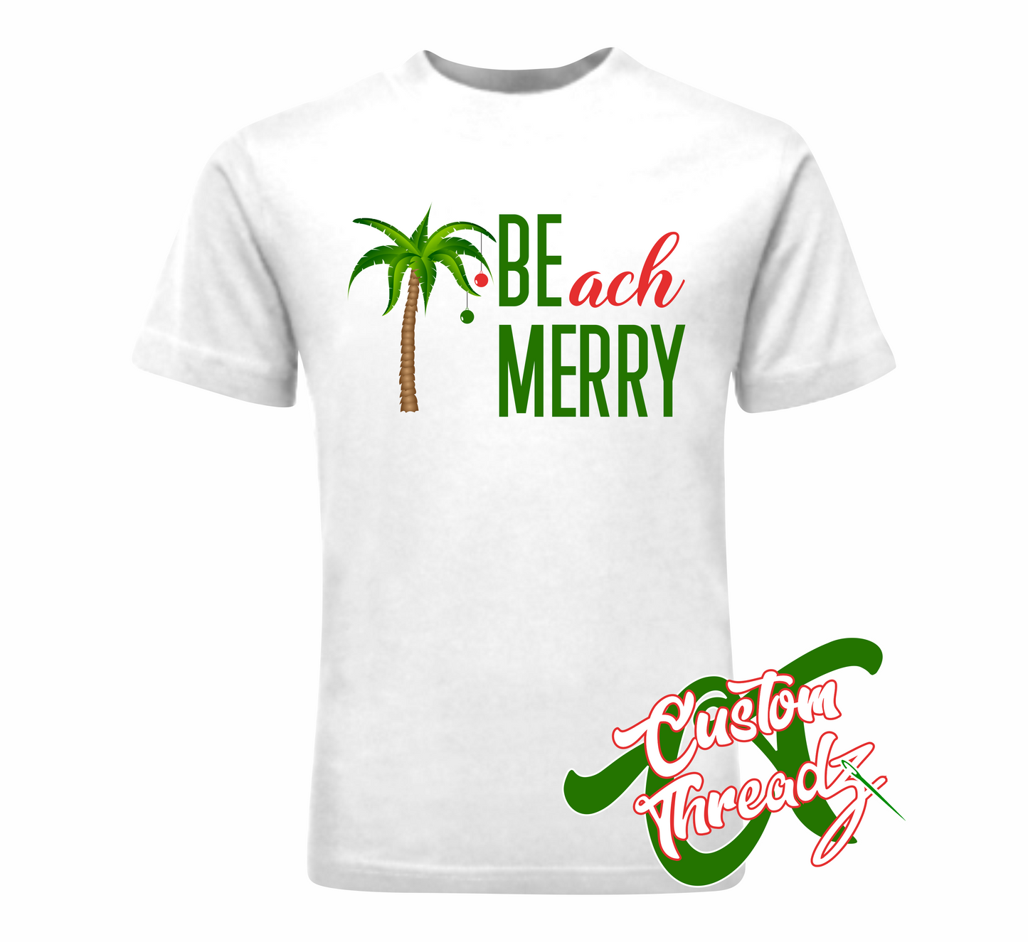 adult white tee with beach merry be merry DTG printed design