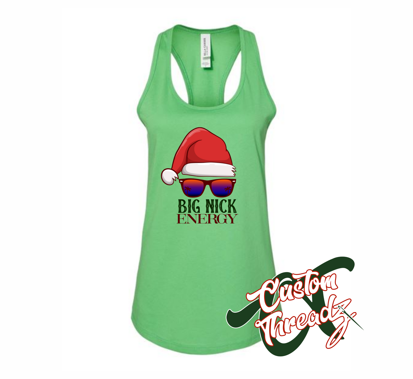 women's green tank top with big nick energy DTG printed design