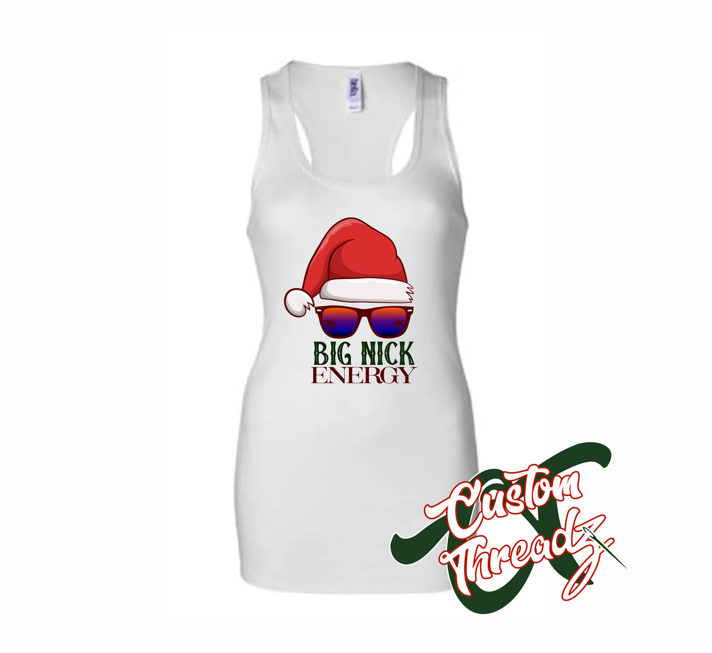 women's white tank top with big nick energy DTG printed design