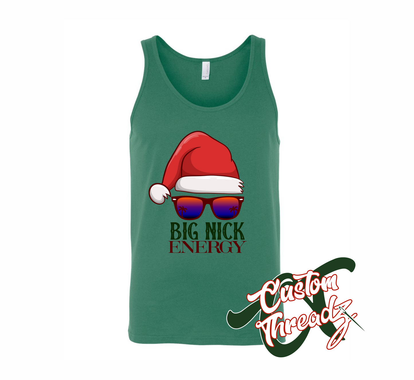 unisex green tank top with big nick energy DTG printed design