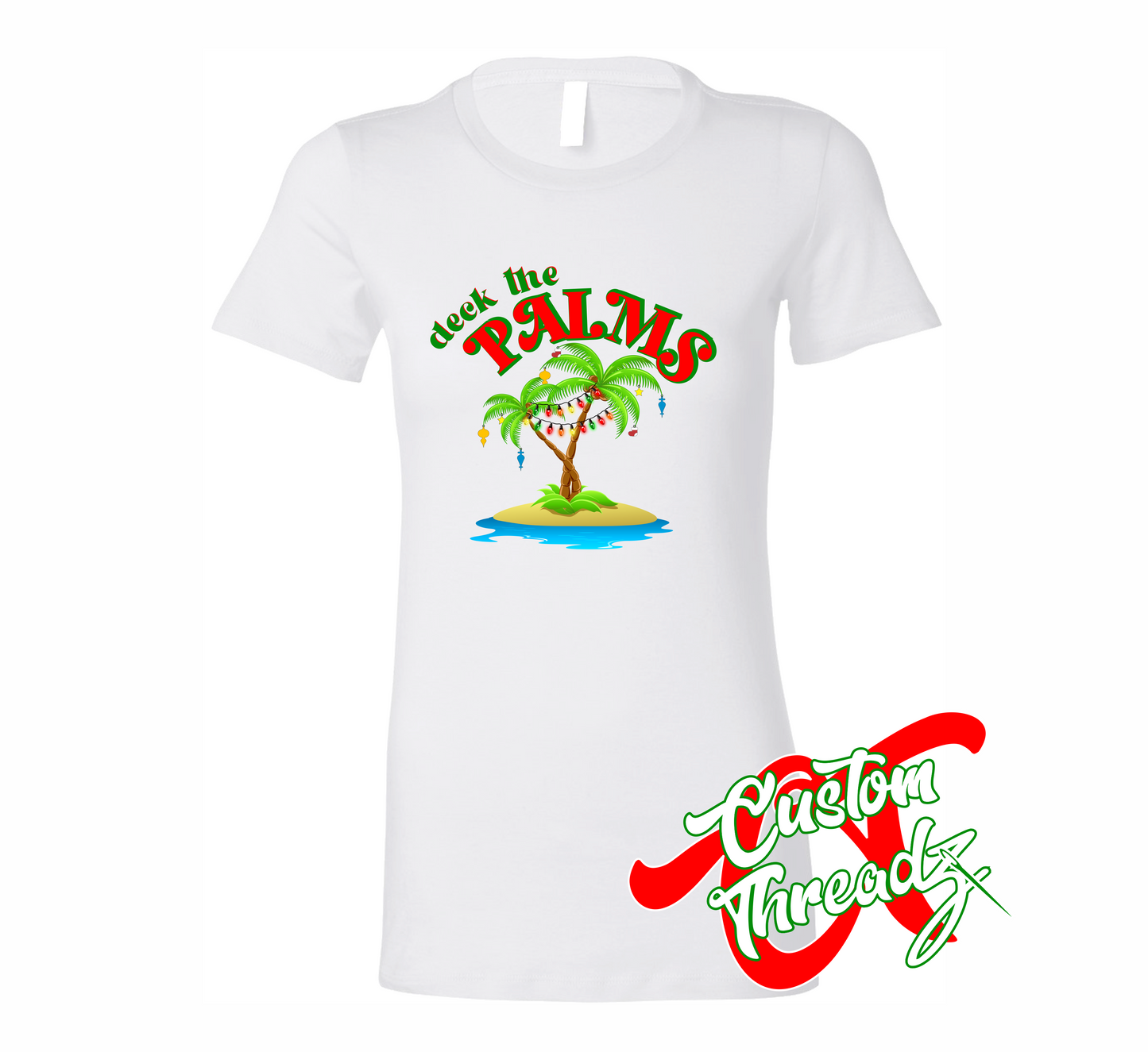 white women's t-shirt with deck the palms DTG printed design