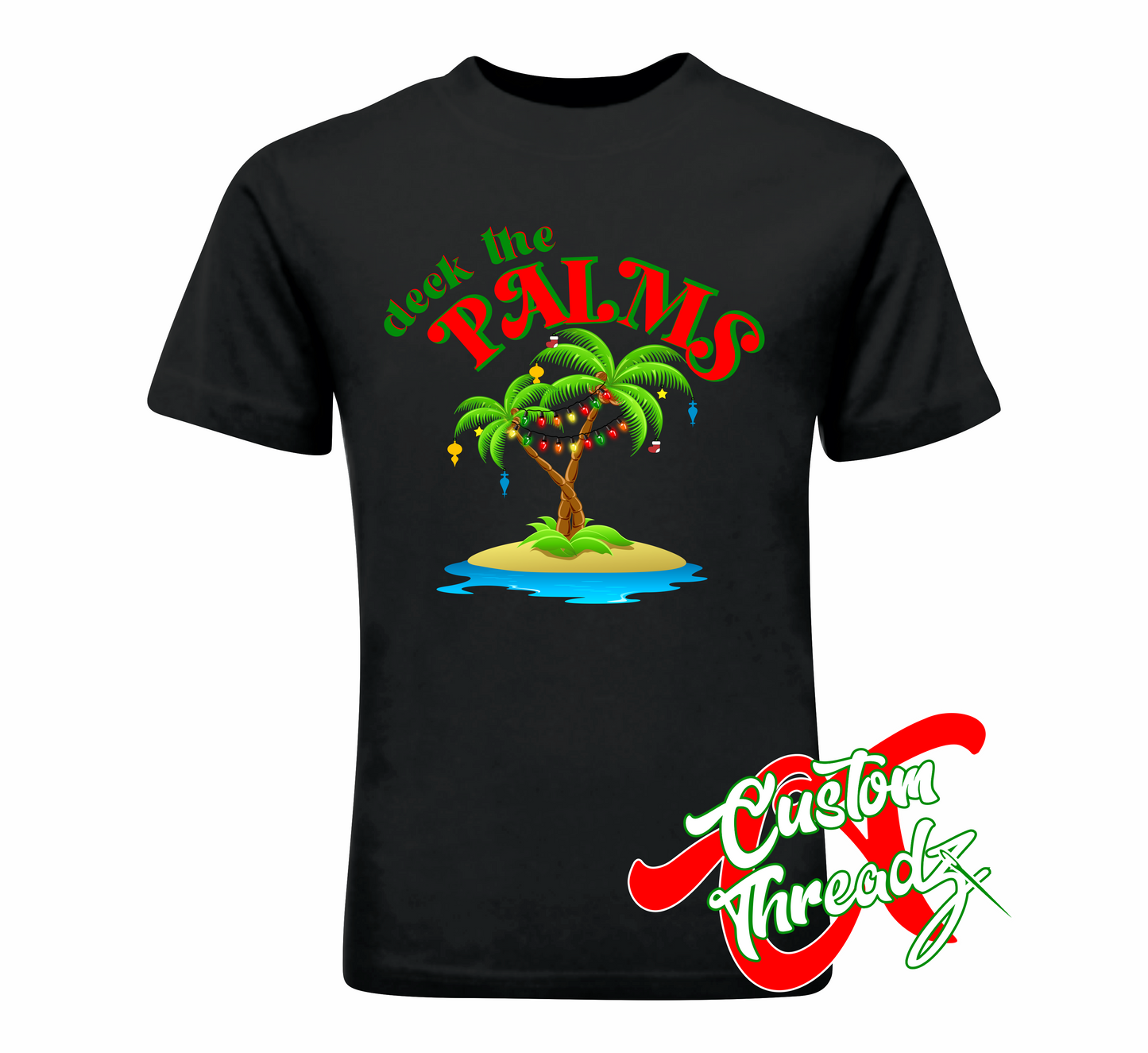black men's t-shirt with deck the palms DTG printed design