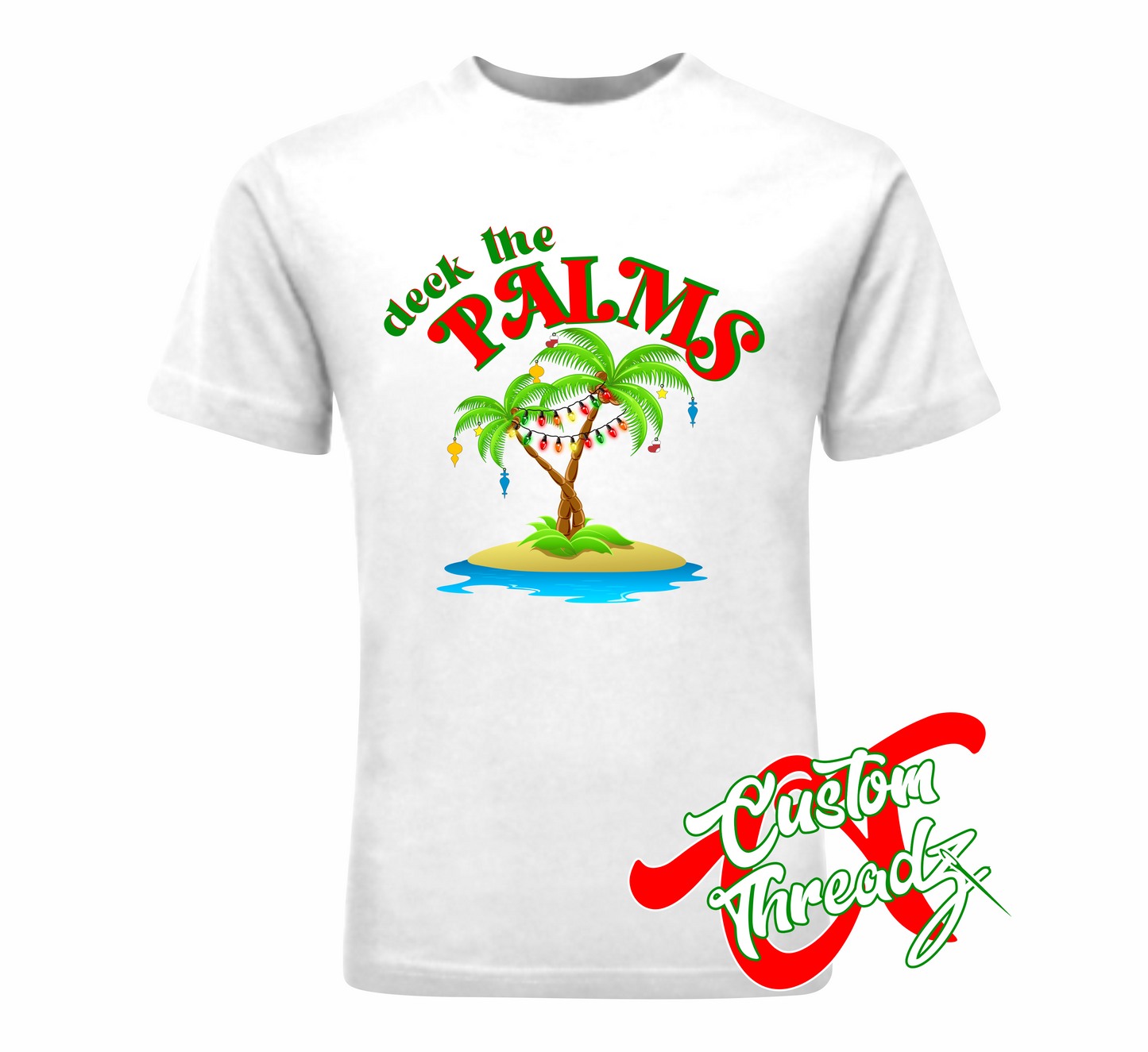 white men's t-shirt with deck the palms DTG printed design