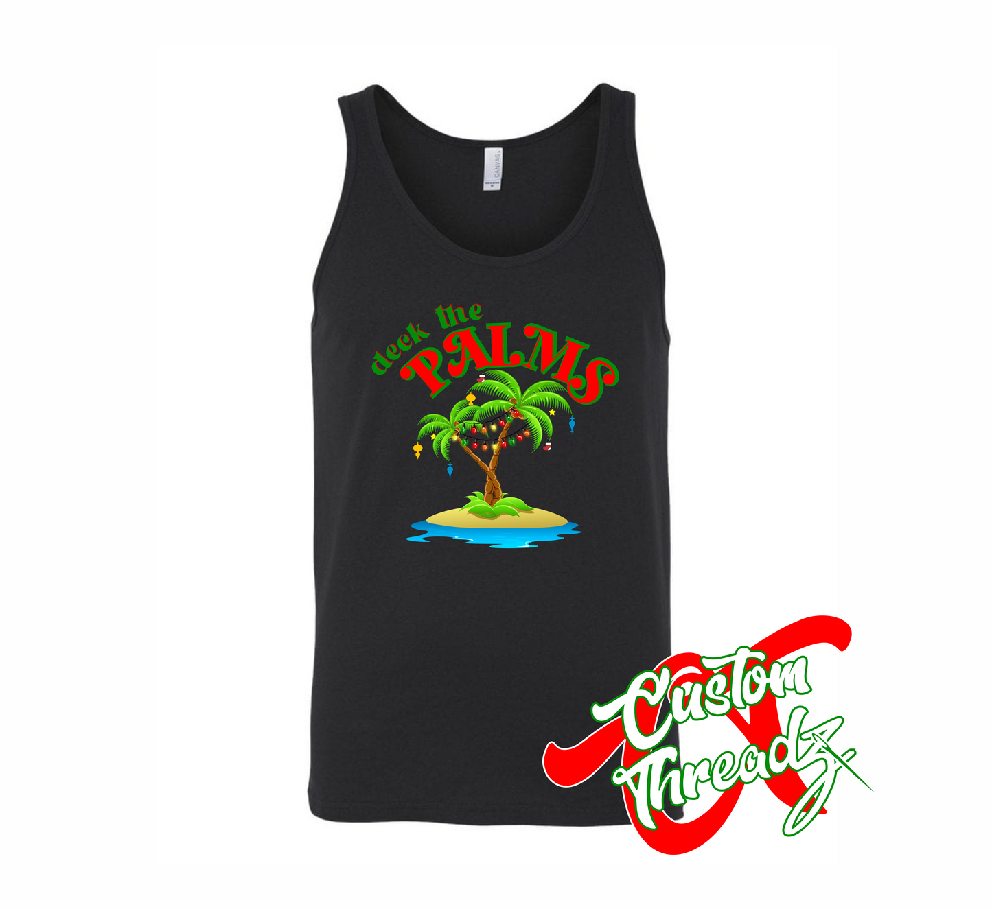 unisex black tank top with deck the palms DTG printed design