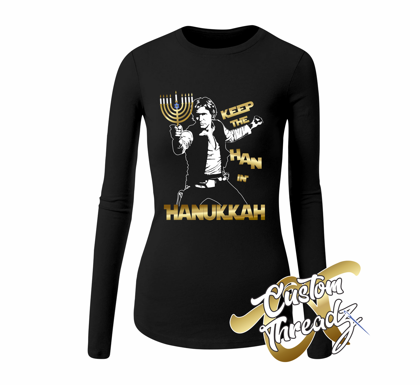 black long sleeve womens tee with han in hanukkah star wars DTG printed design