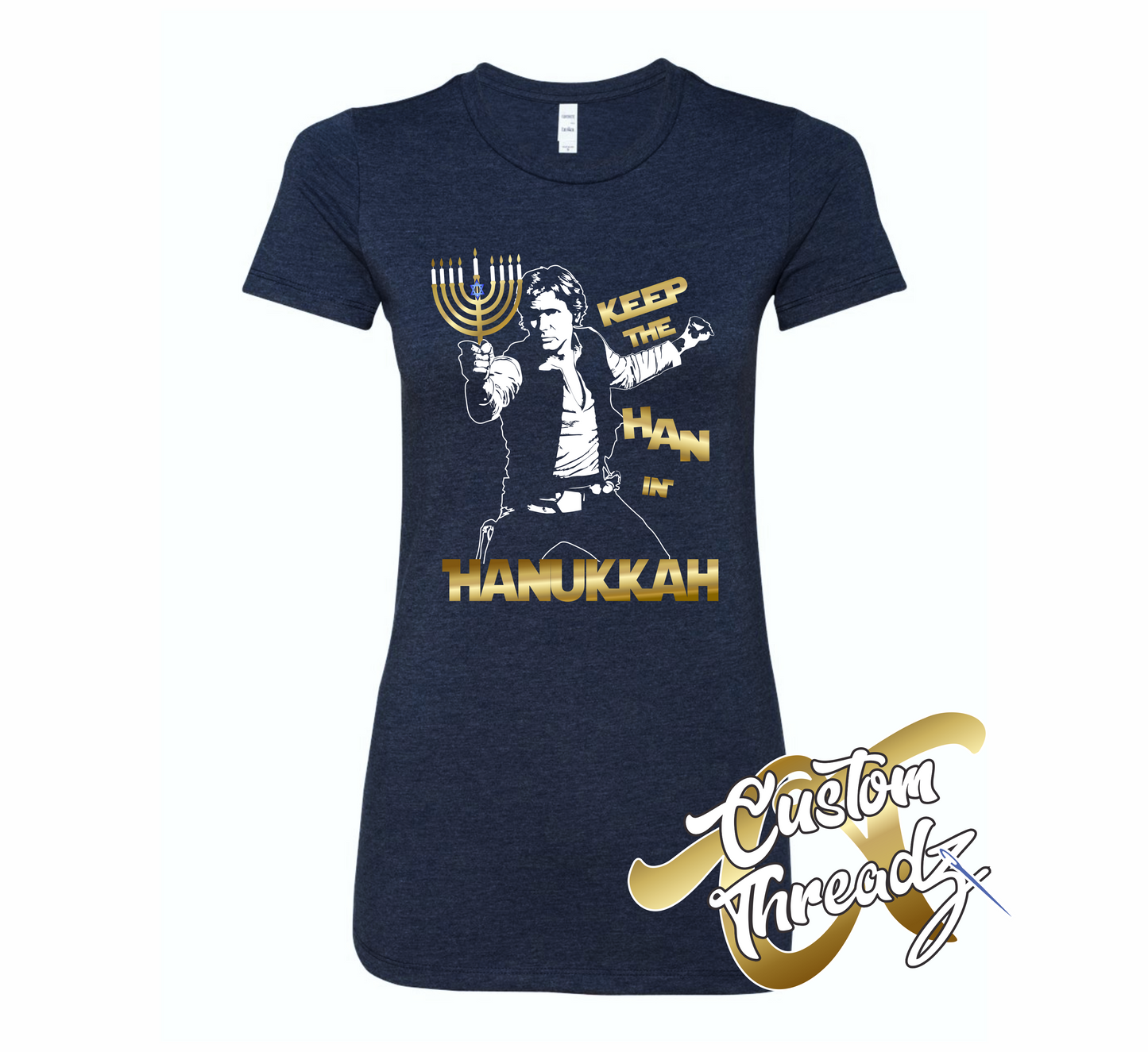 navy womens tee with han in hanukkah star wars hanukkah DTG printed design