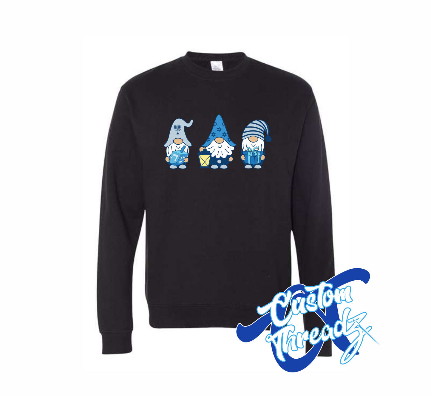 black crewneck sweatshirt with hanukkah gnomes DTG printed design