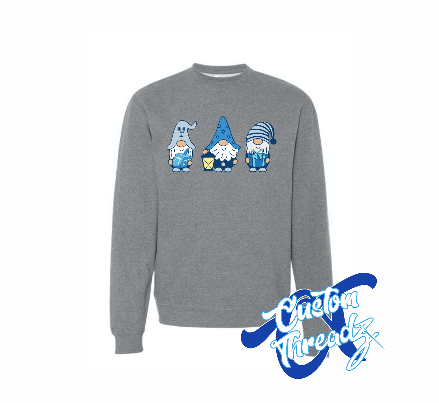 gunmetal heather grey crewneck sweatshirt with hanukkah gnomes DTG printed design