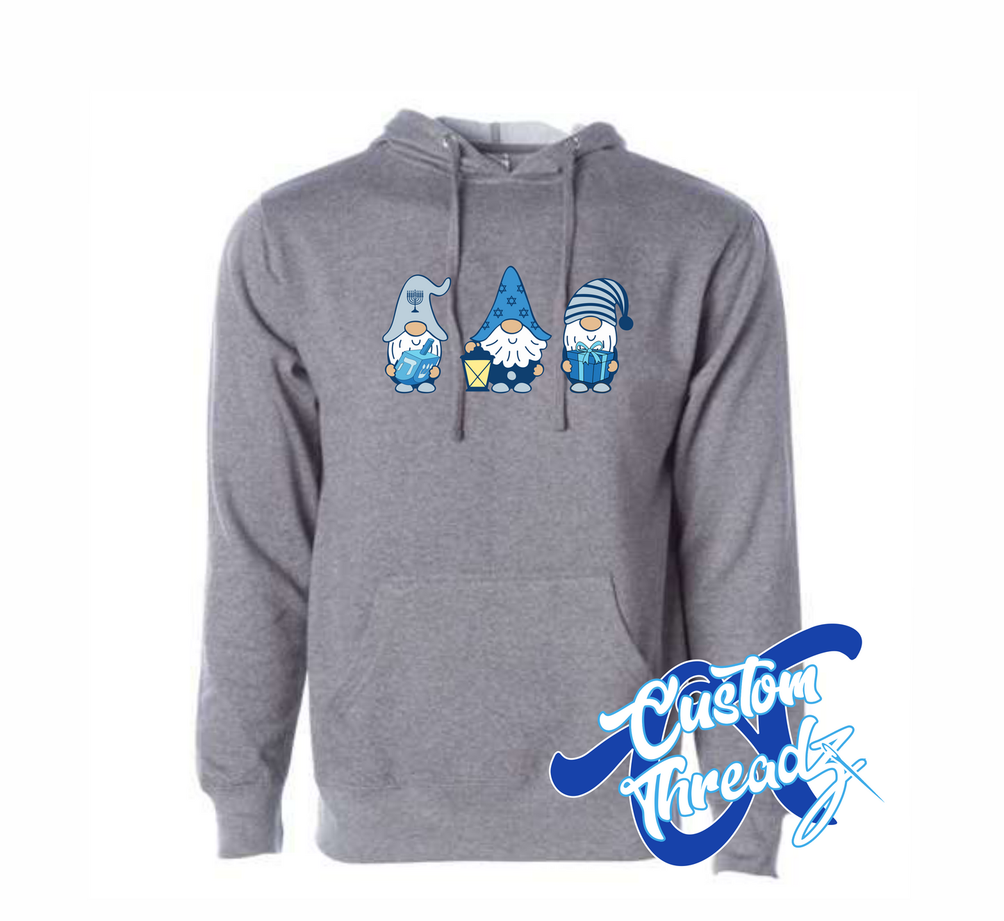 gunmetal heather grey hooded sweatshirt with hanukkah gnomes DTG printed design