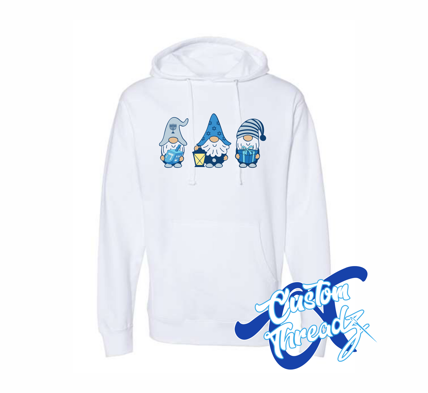 white hoodie with hanukkah gnomes DTG printed design