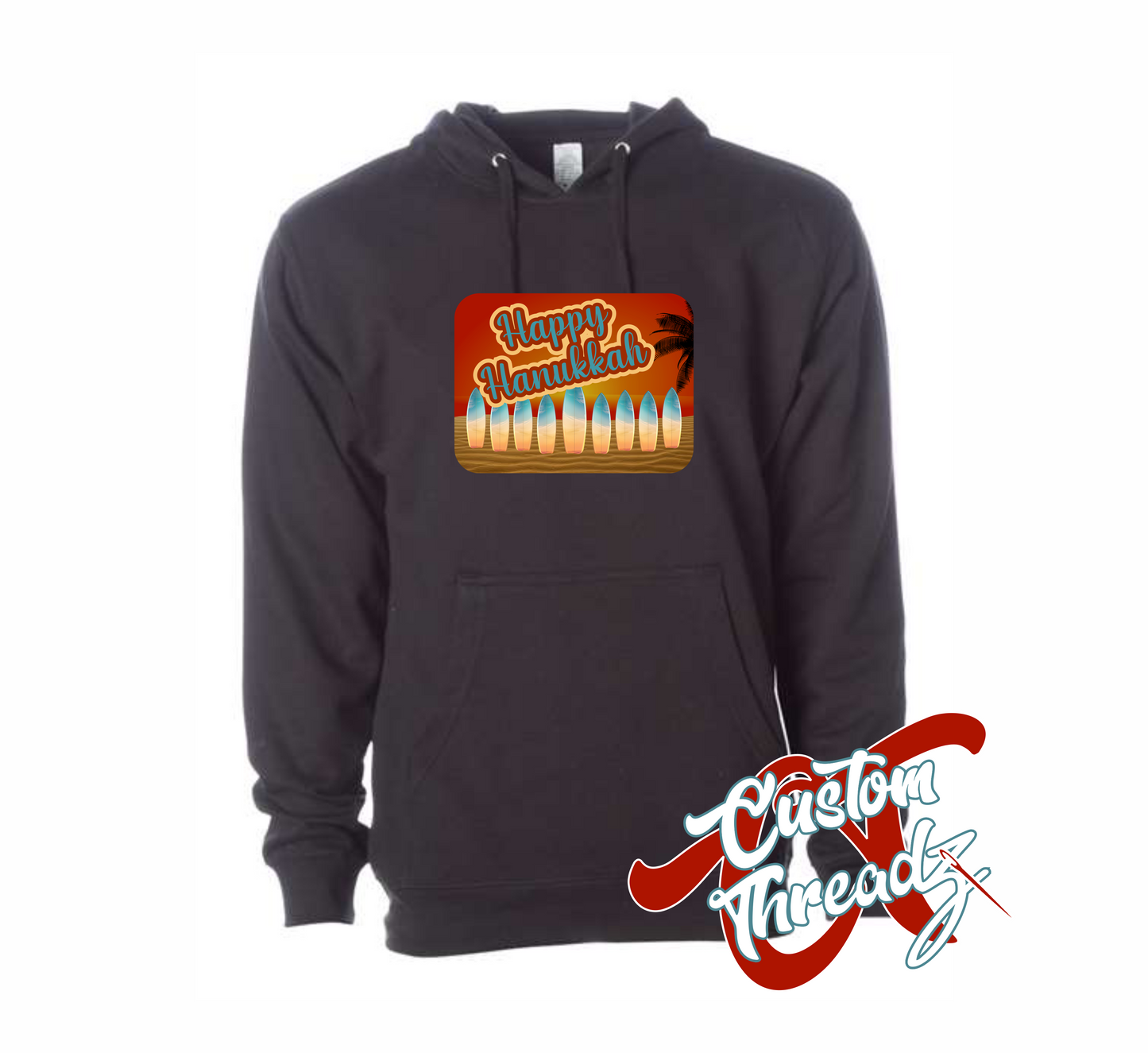 black hoodie with hanukkah postcard menorah made out of surfboards on the beach at sunset DTG printed design