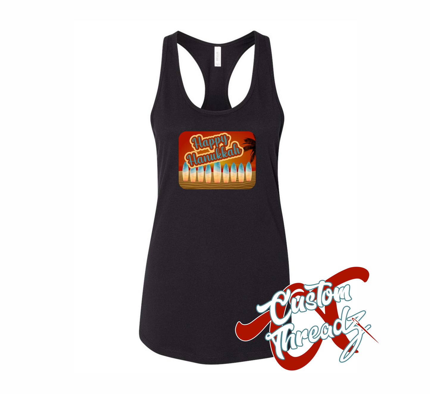 women's black tank top with hanukkah postcard menorah made out of surfboards on the beach at sunset DTG printed design