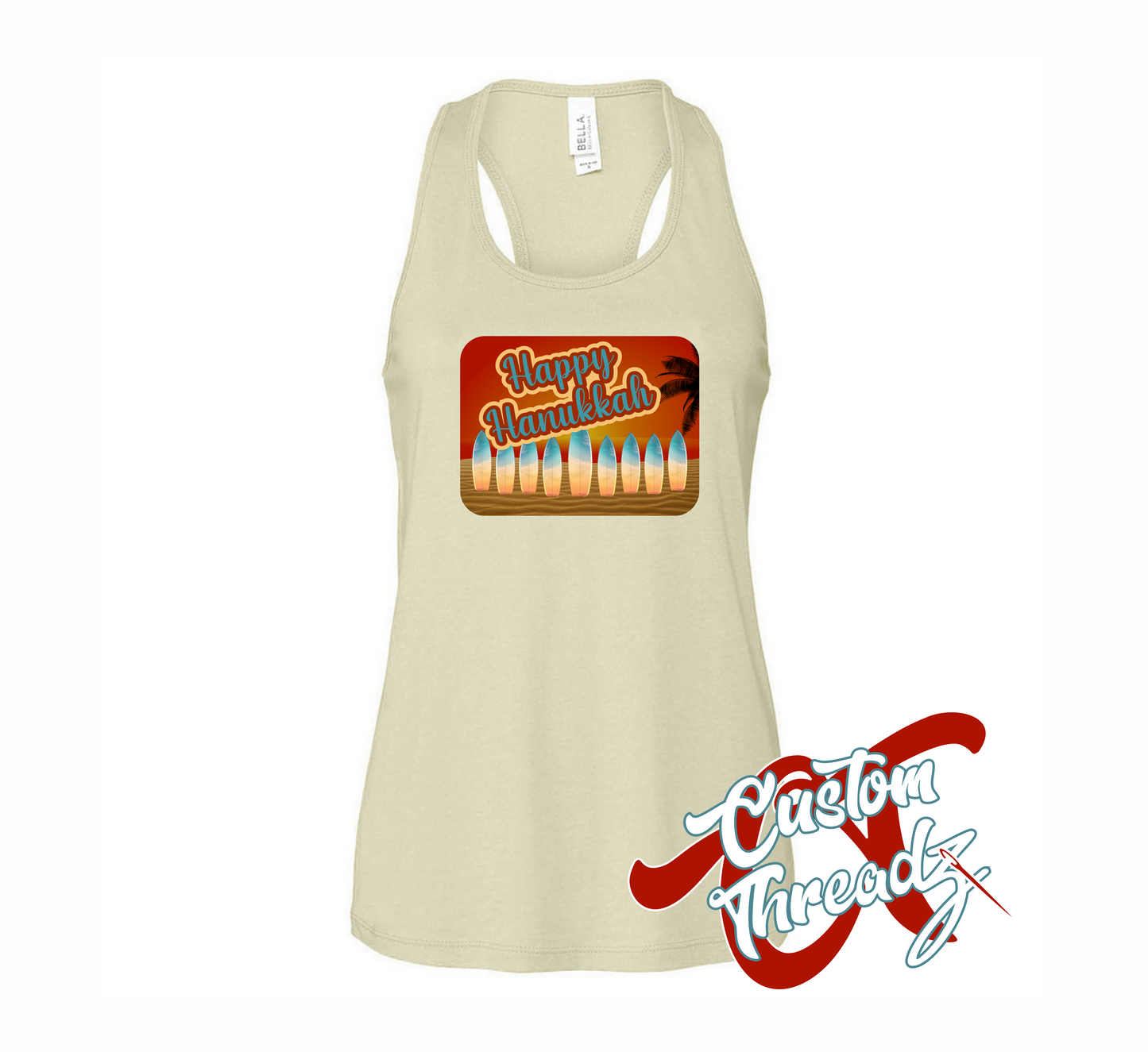 women's natural tank top with hanukkah postcard menorah made out of surfboards on the beach at sunset DTG printed design