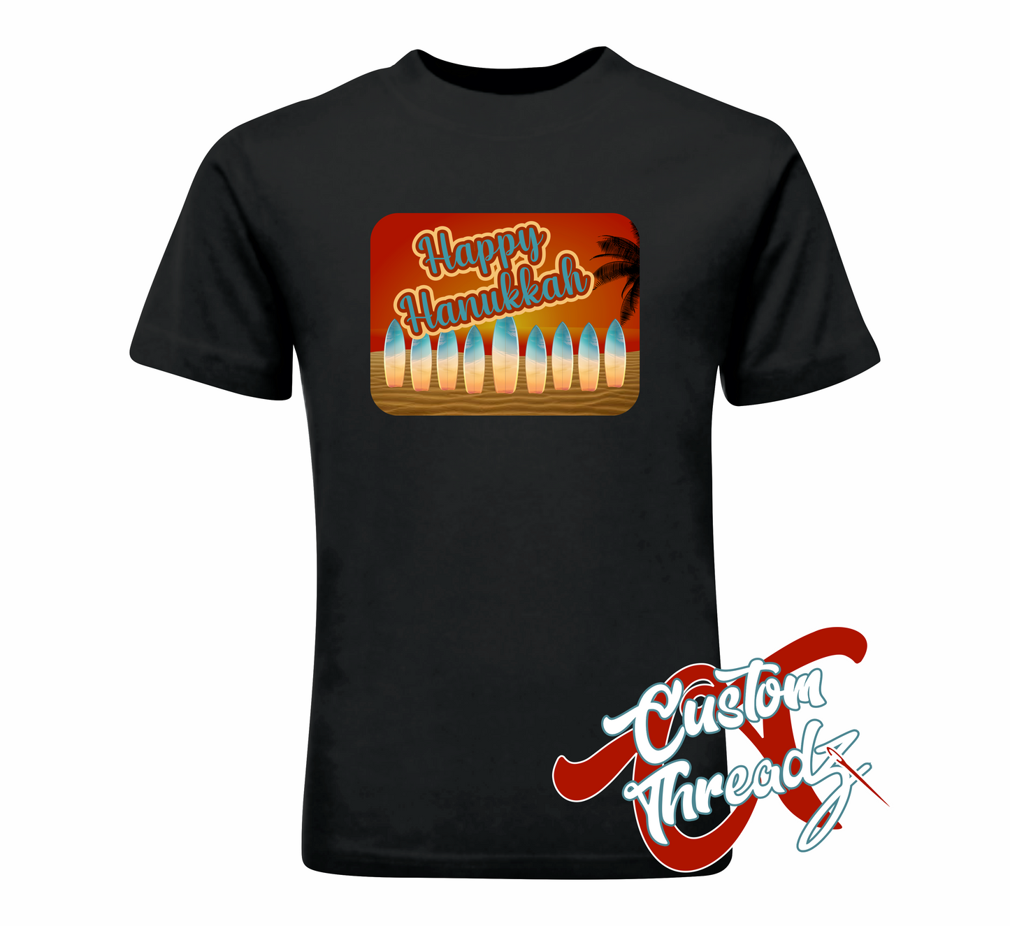 black t-shirt with hanukkah postcard menorah made out of surfboards on the beach at sunset DTG printed design