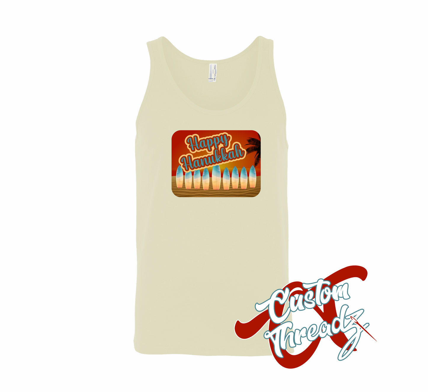 natural tank top with hanukkah postcard menorah made out of surfboards on the beach at sunset DTG printed design