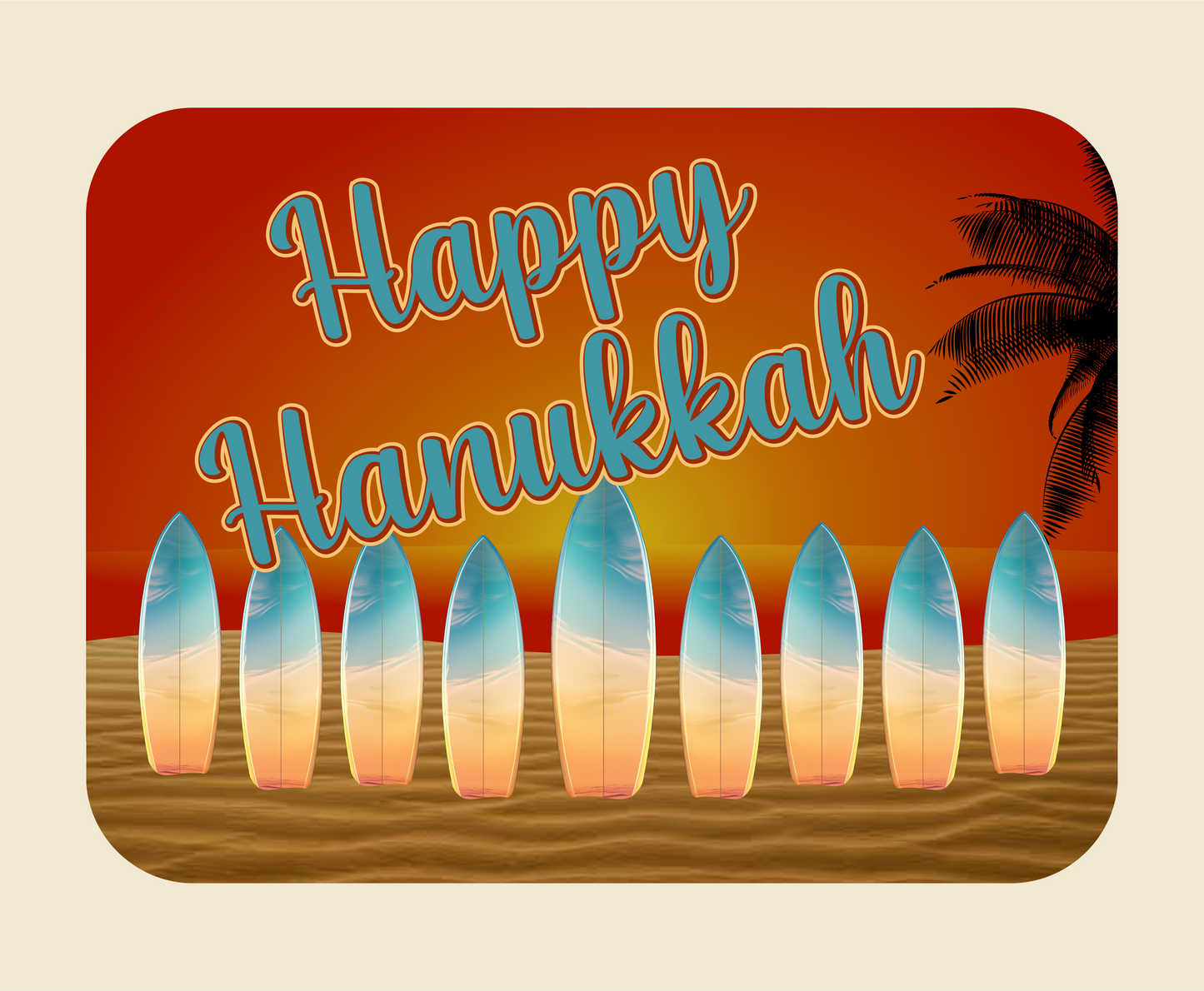 hanukkah postcard menorah made out of surfboards on the beach at sunset DTG design graphic