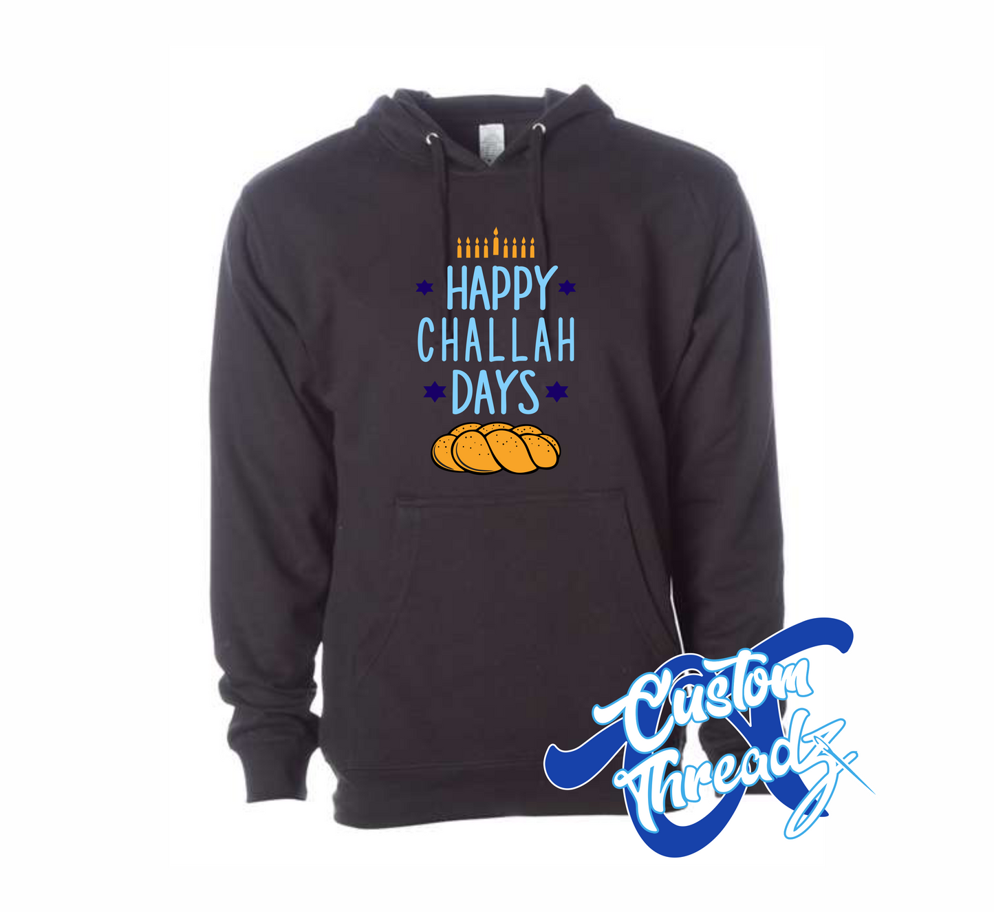black hoodie with happy challah days challah bread DTG printed design