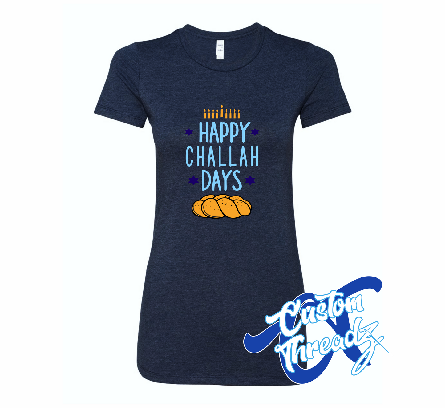women's navy t-shirt with happy challah days challah bread DTG printed design