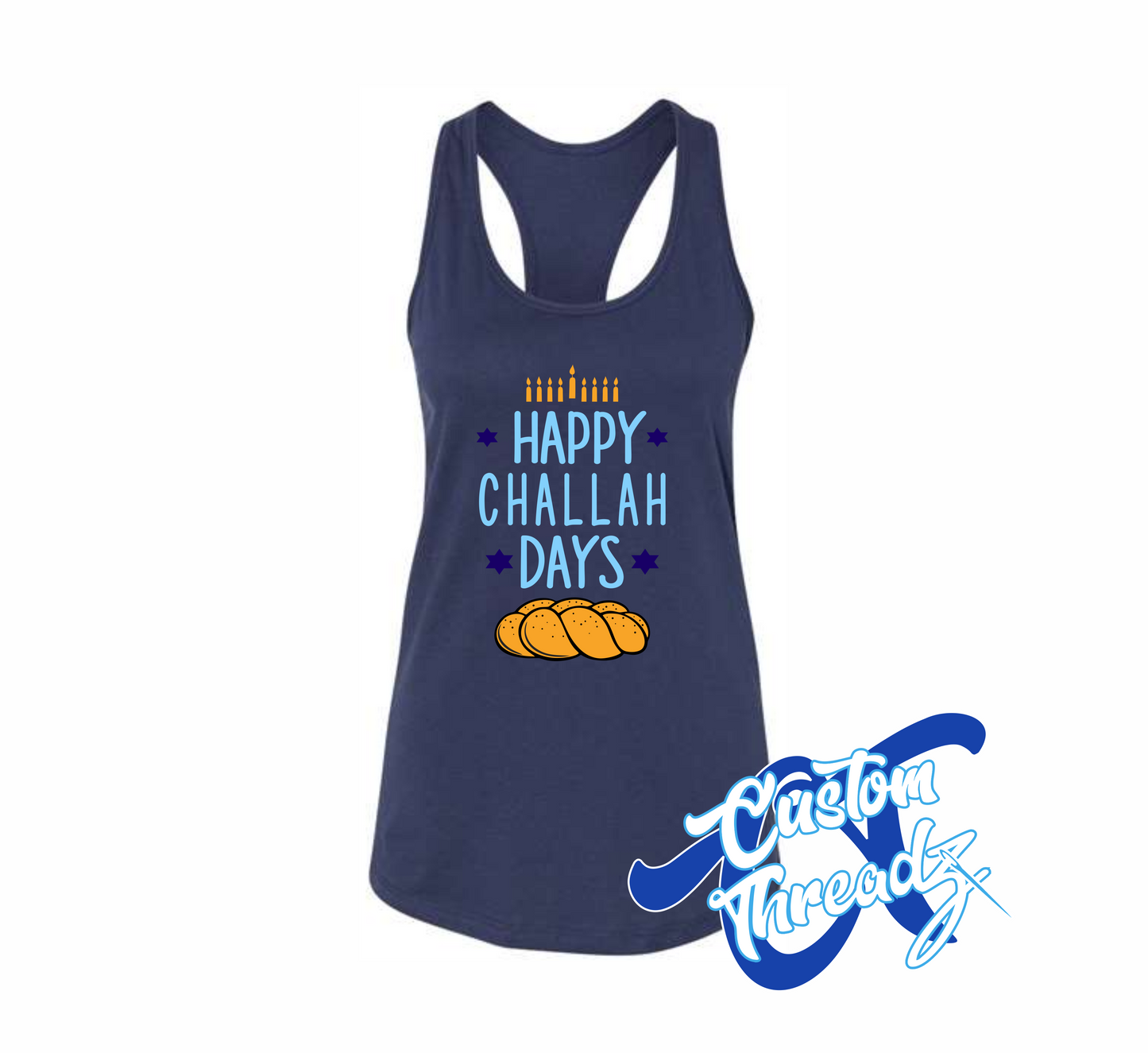 women's navy tank top with happy challah days challah bread DTG printed design
