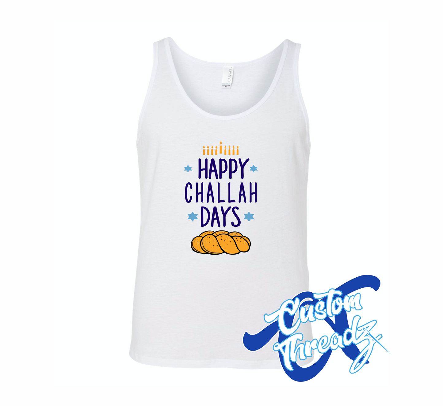 white tank top with happy challah days challah bread DTG printed design
