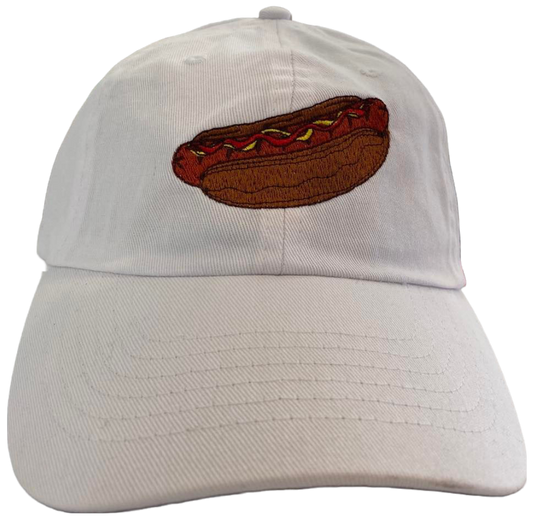 white dad cap with hotdog embroidered