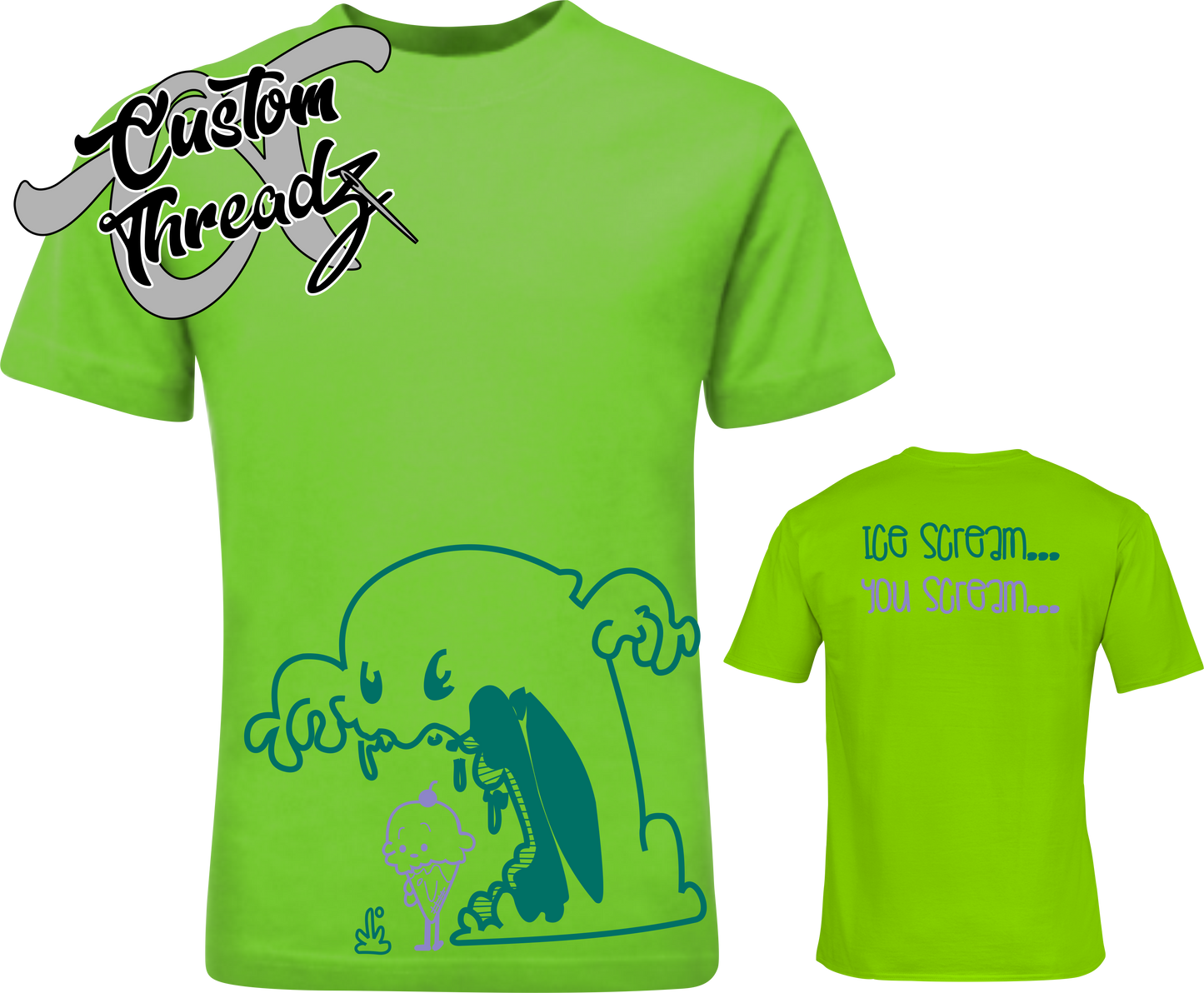 green youth tee with ice cream you scream ice cream monster DTG printed design