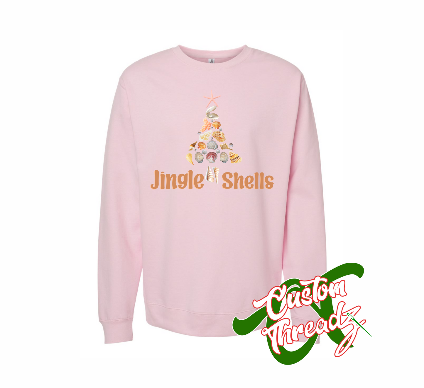 pink crewneck sweatshirt with jingle shells christmas tree made out of shells DTG printed design