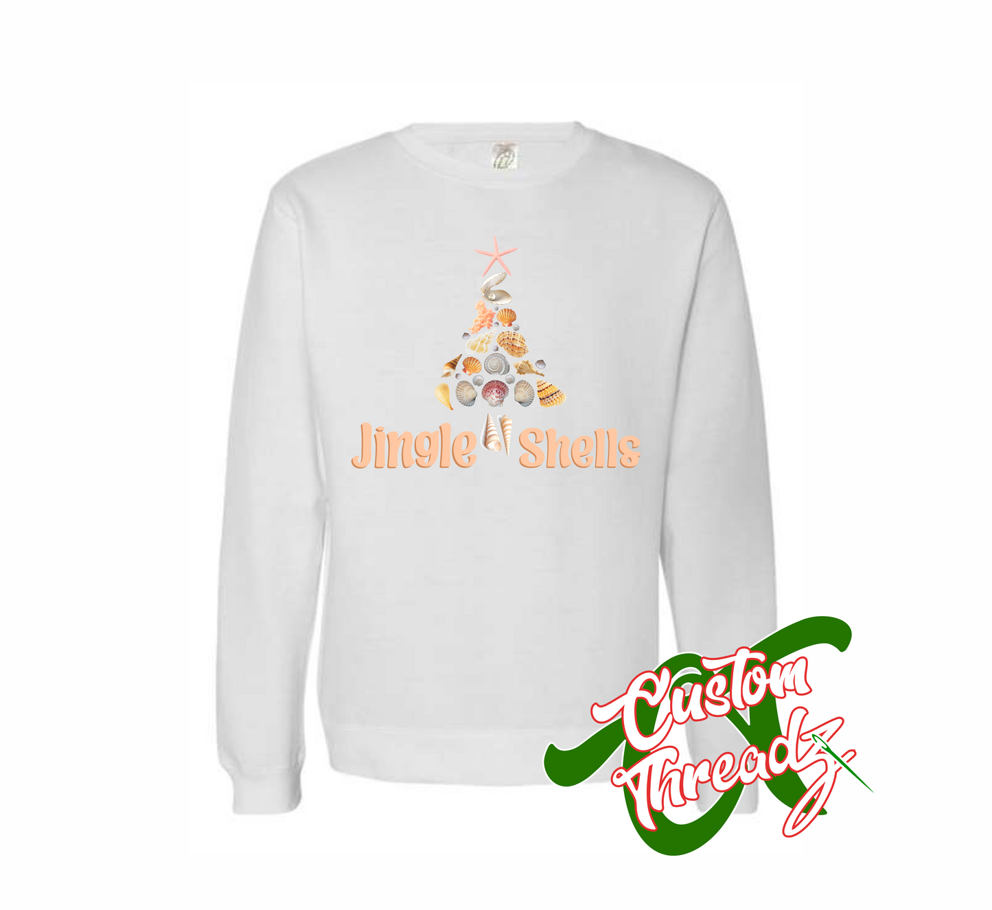 white crewneck sweatshirt with jingle shells christmas tree made out of shells DTG printed design