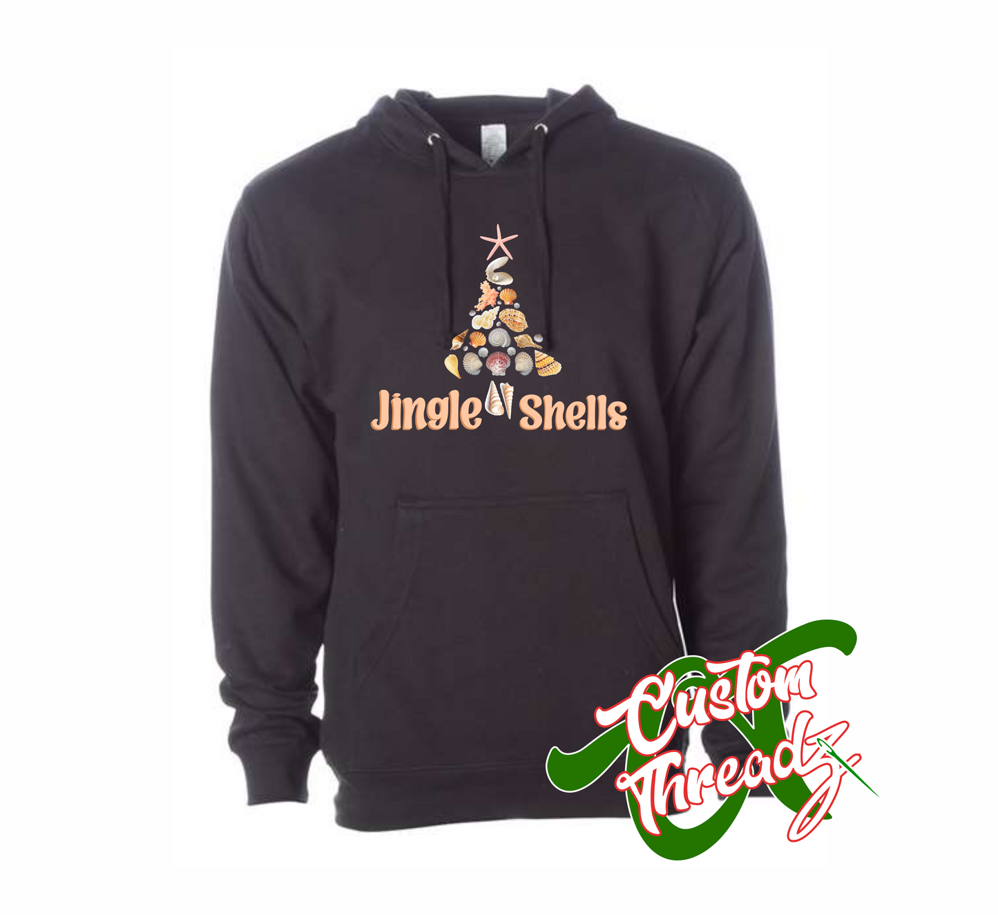 black hoodie with jingle shells christmas tree made out of shells DTG printed design