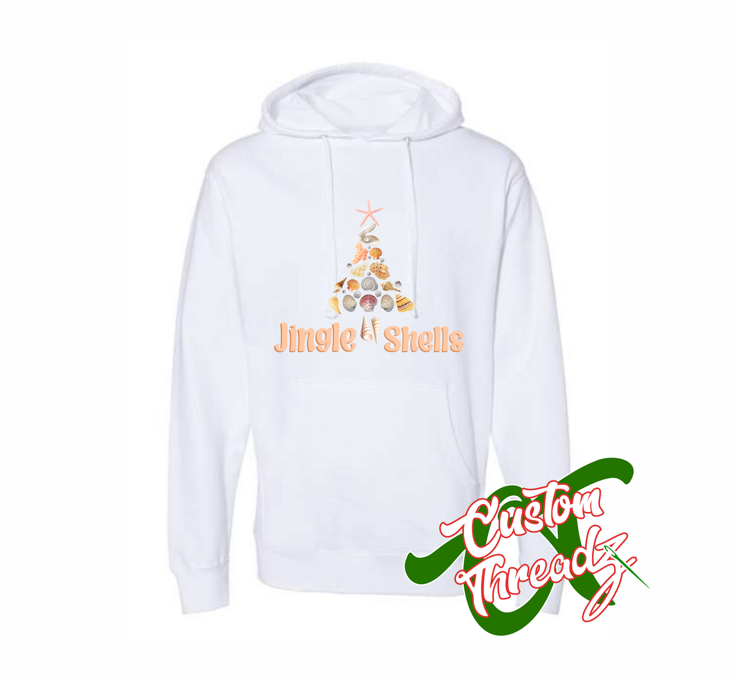 white hoodie with jingle shells christmas tree made out of shells DTG printed design