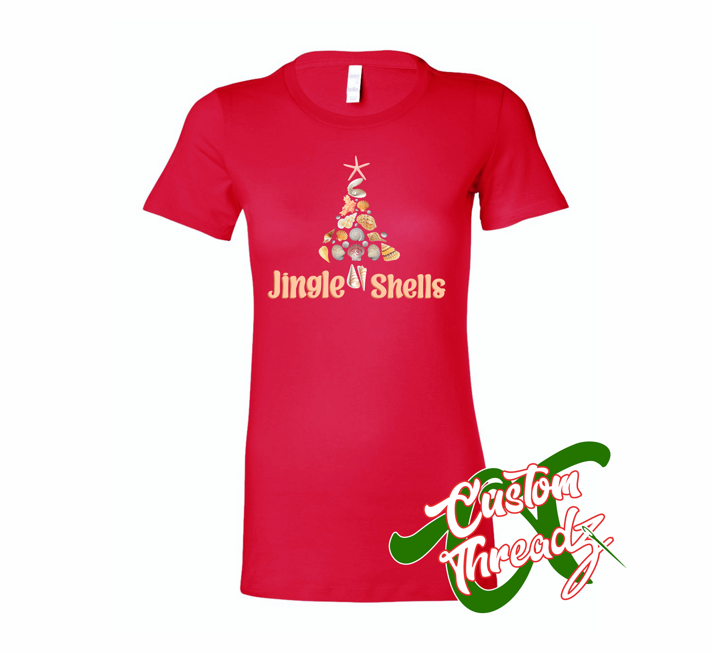 women's red t-shirt with jingle shells christmas tree made out of shells DTG printed design