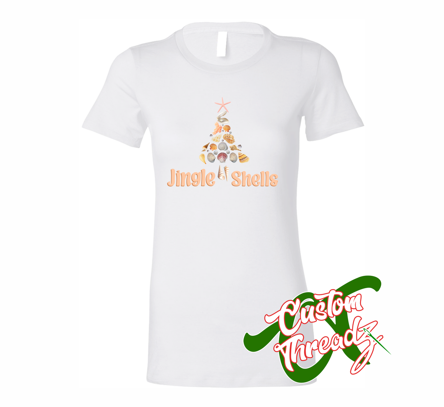 women's white t-shirt with jingle shells christmas tree made out of shells DTG printed design