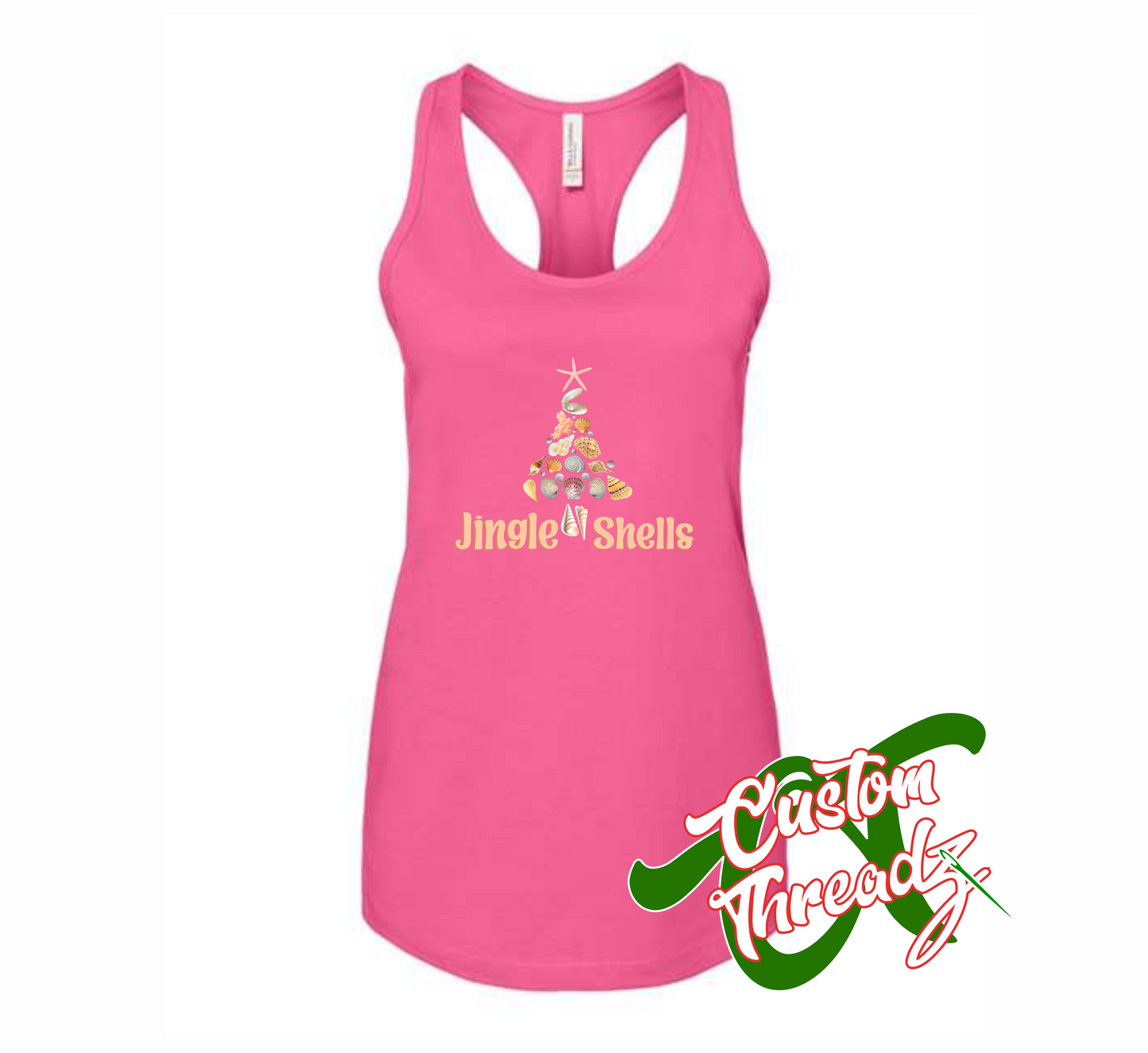 women's pink tank top with jingle shells christmas tree made out of shells DTG printed design
