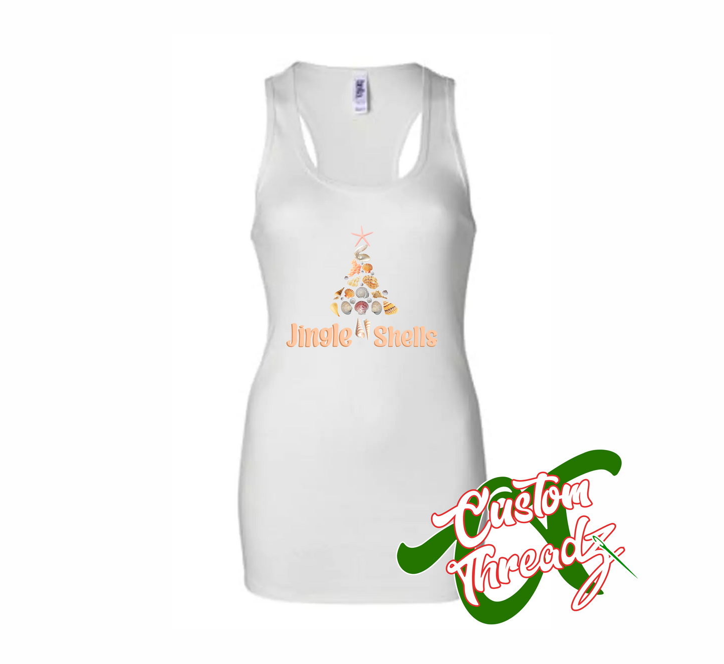 women's white tank top with jingle shells christmas tree made out of shells DTG printed design