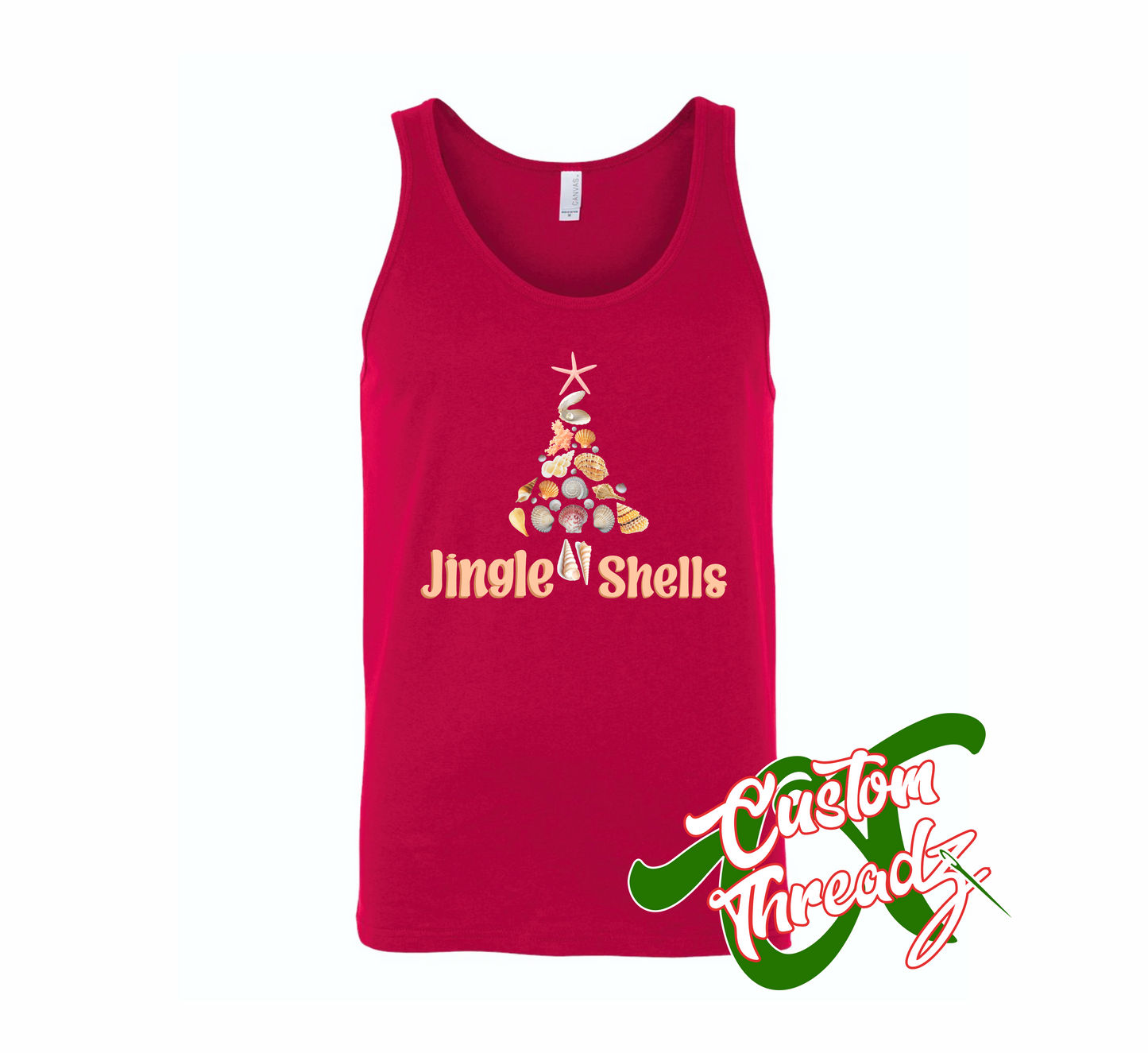 red tank top with jingle shells christmas tree made out of shells DTG printed design