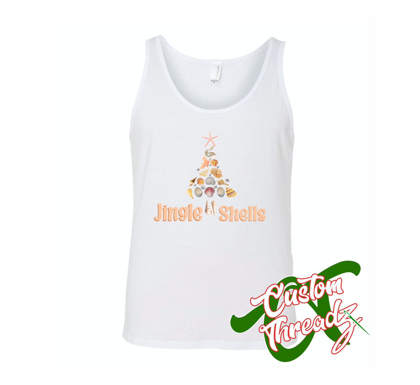 white tank top with jingle shells christmas tree made out of shells DTG printed design