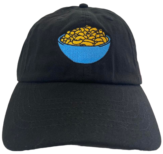 black dad cap with macaroni and cheese embroidery