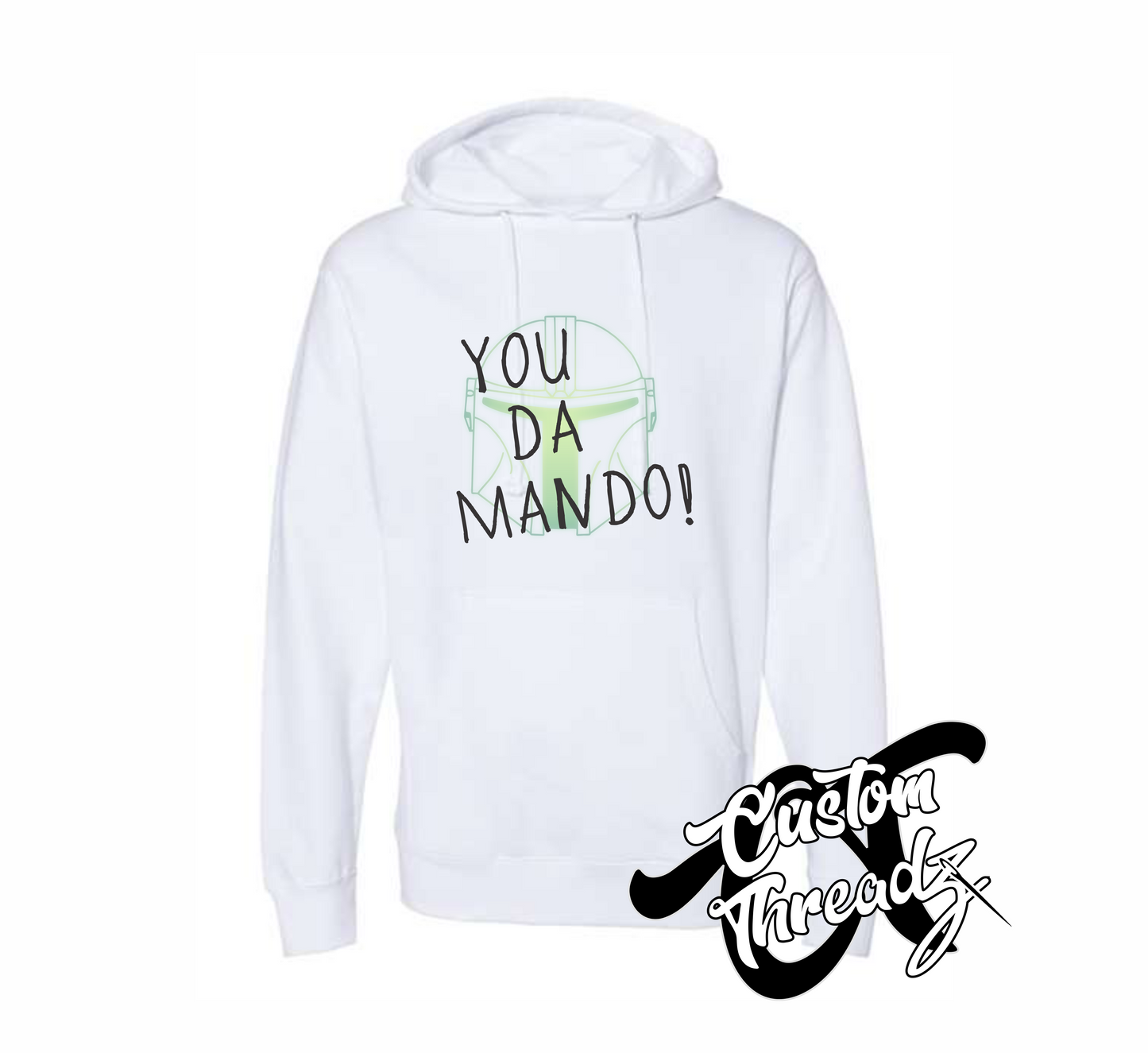 white hoodie with you da mando mandalorian star wars DTG printed design