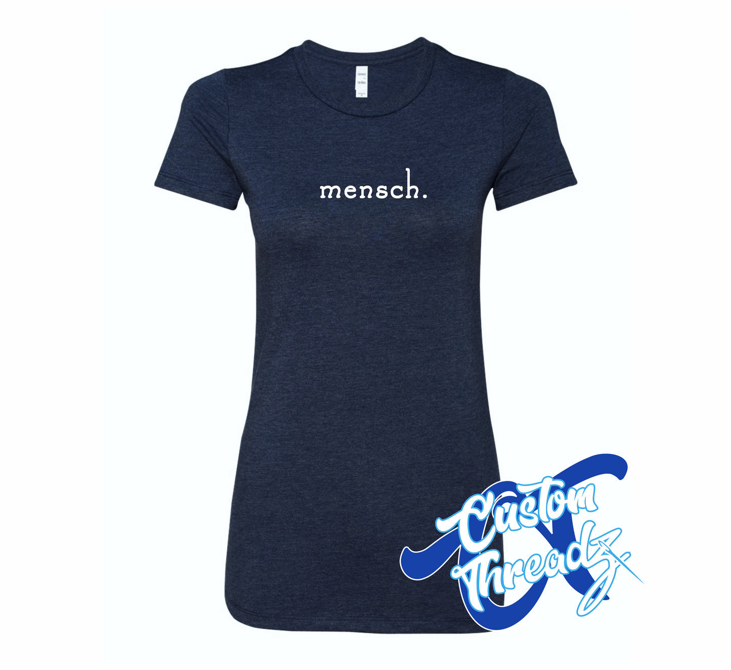 women's navy t-shirt with mensch DTG printed design