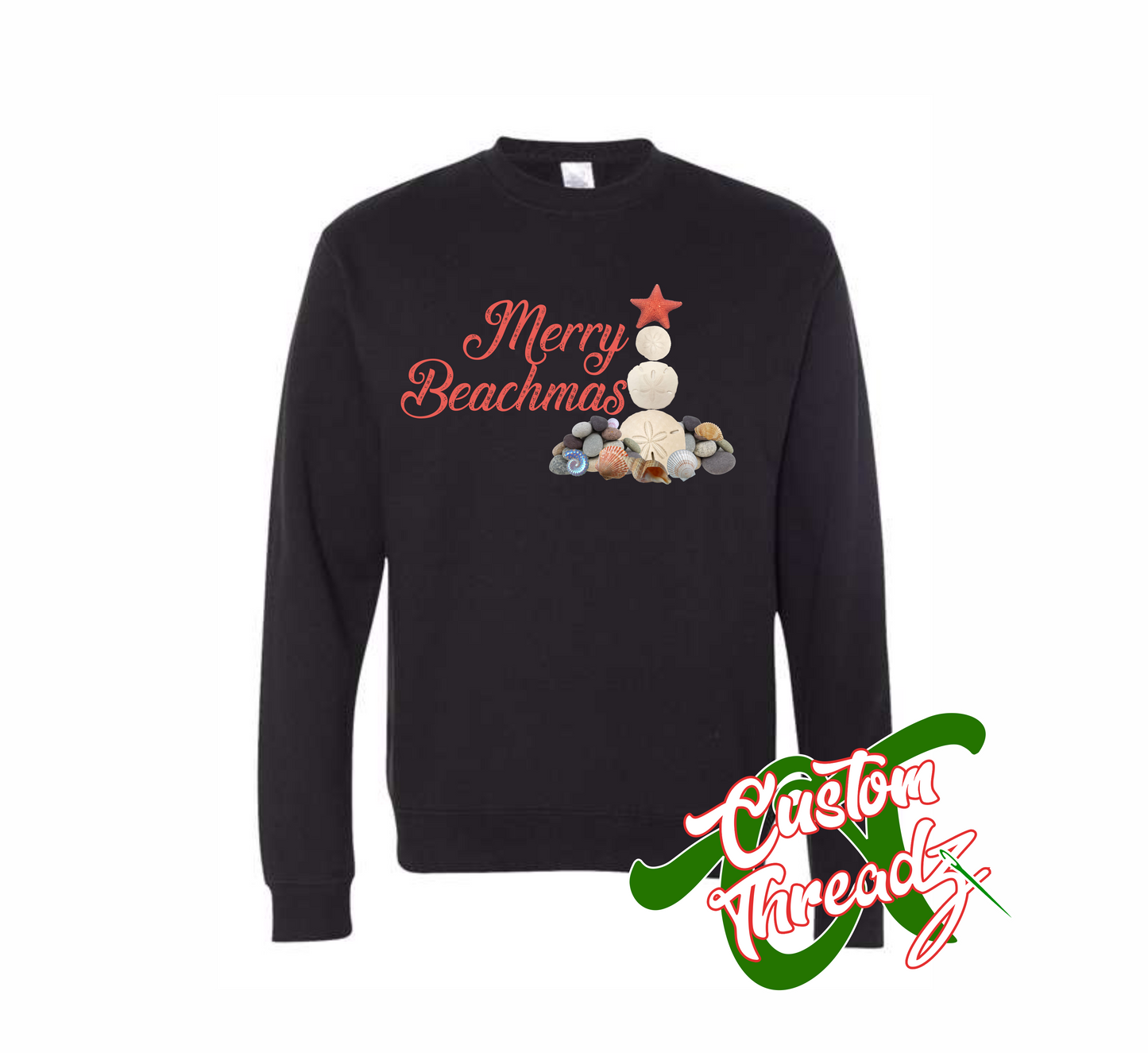 black crewneck sweatshirt with merry beachmas christmas DTG printed design