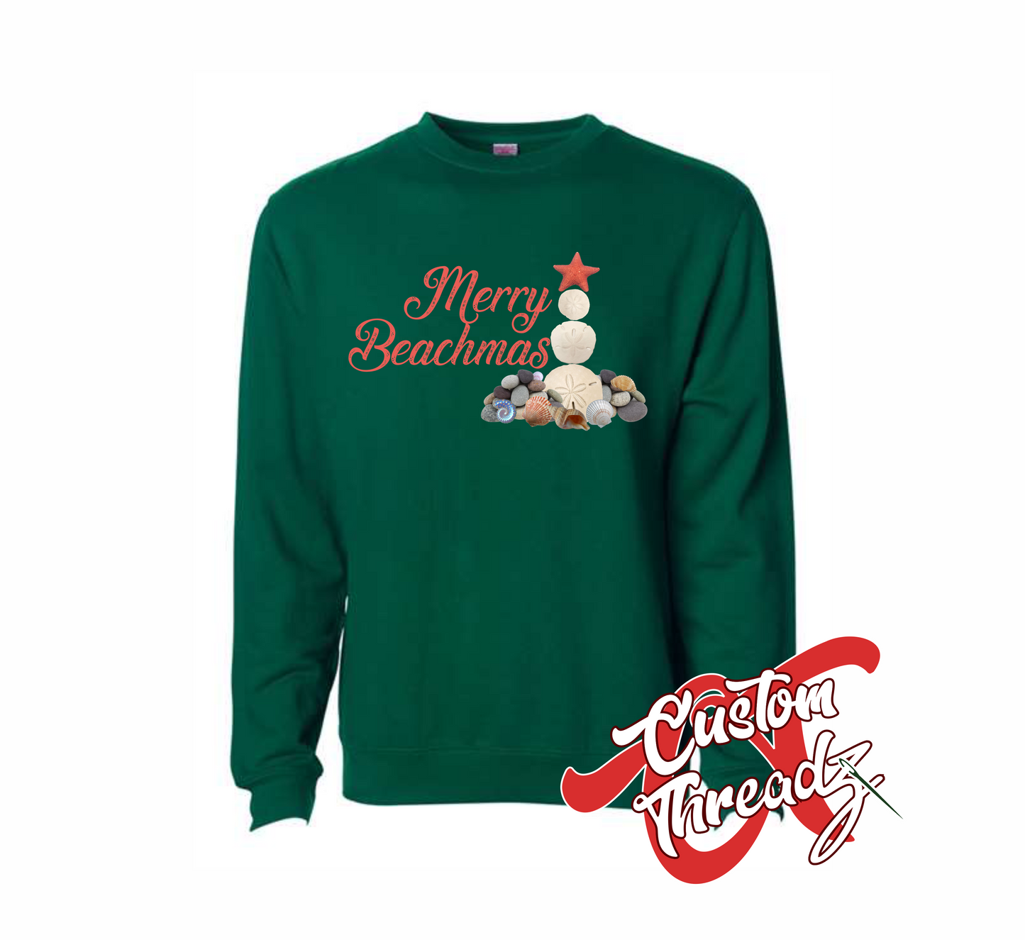 green crewneck sweatshirt with merry beachmas christmas DTG printed design