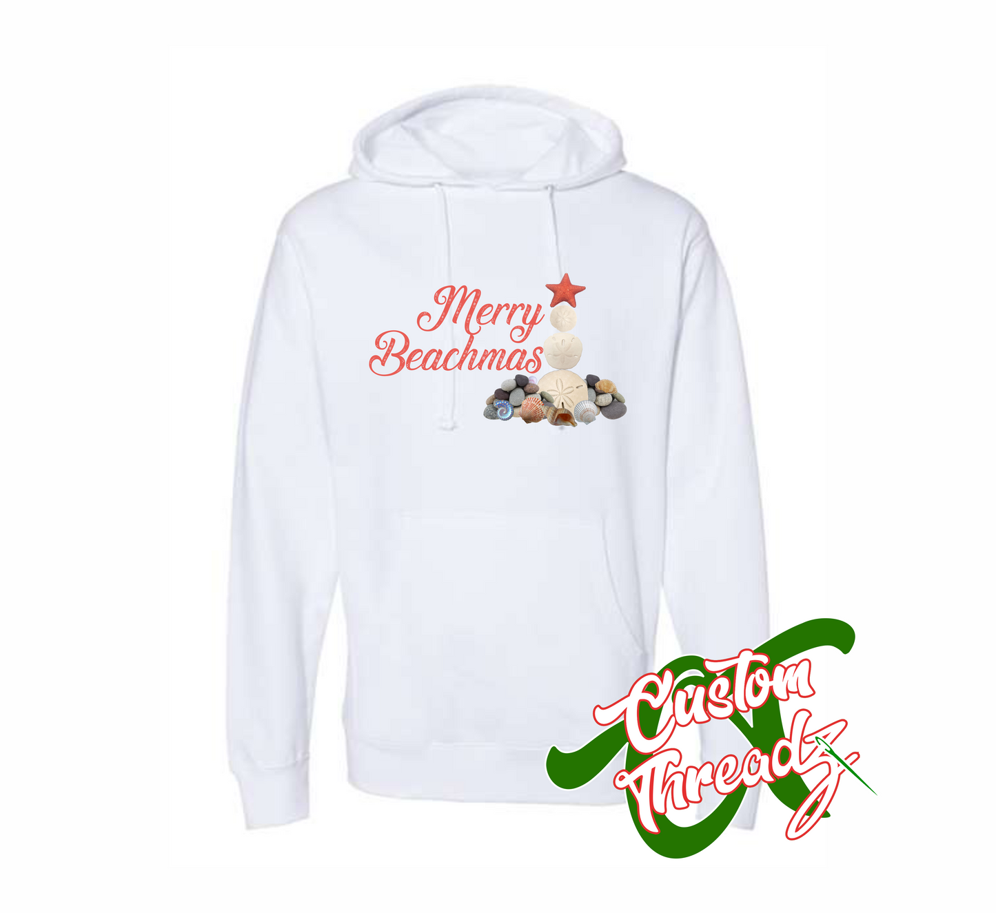 white hoodie with merry beachmas christmas DTG printed design