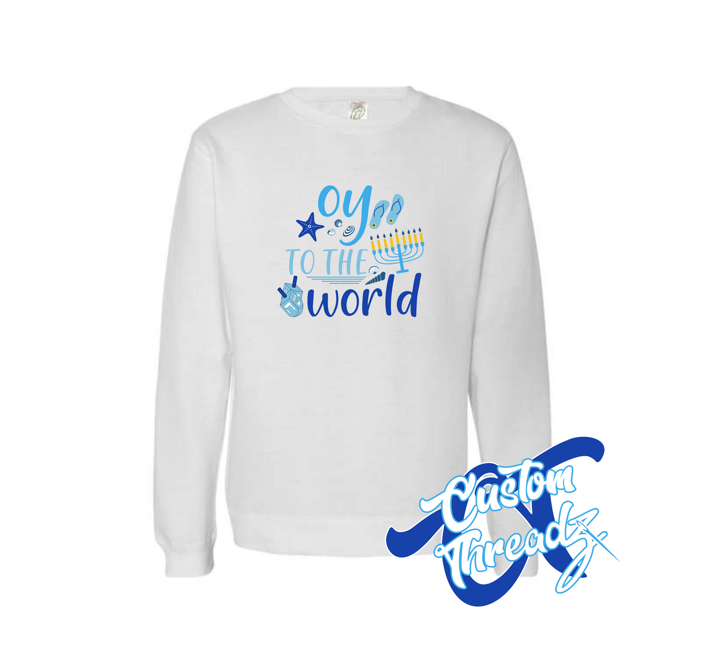 white crewneck sweatshirt with oy to the world hanukkah beach DTG printed design