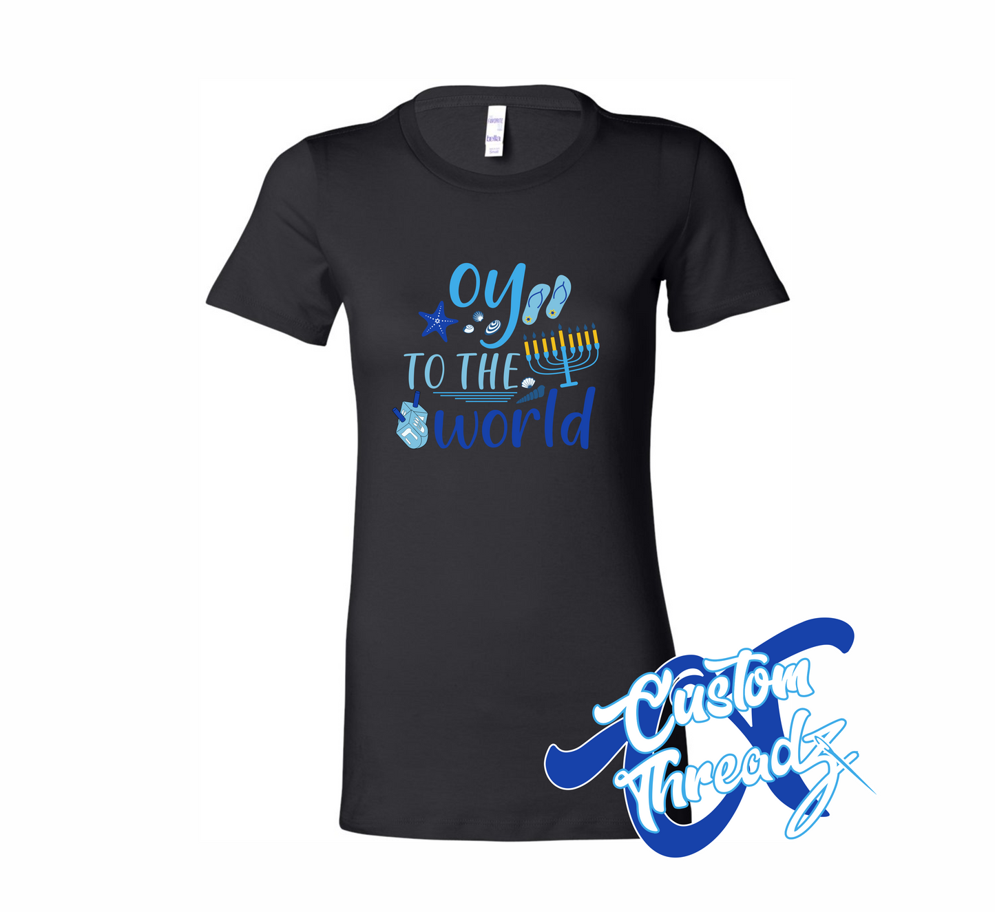 women's black t-shirt with oy to the world hanukkah beach DTG printed design