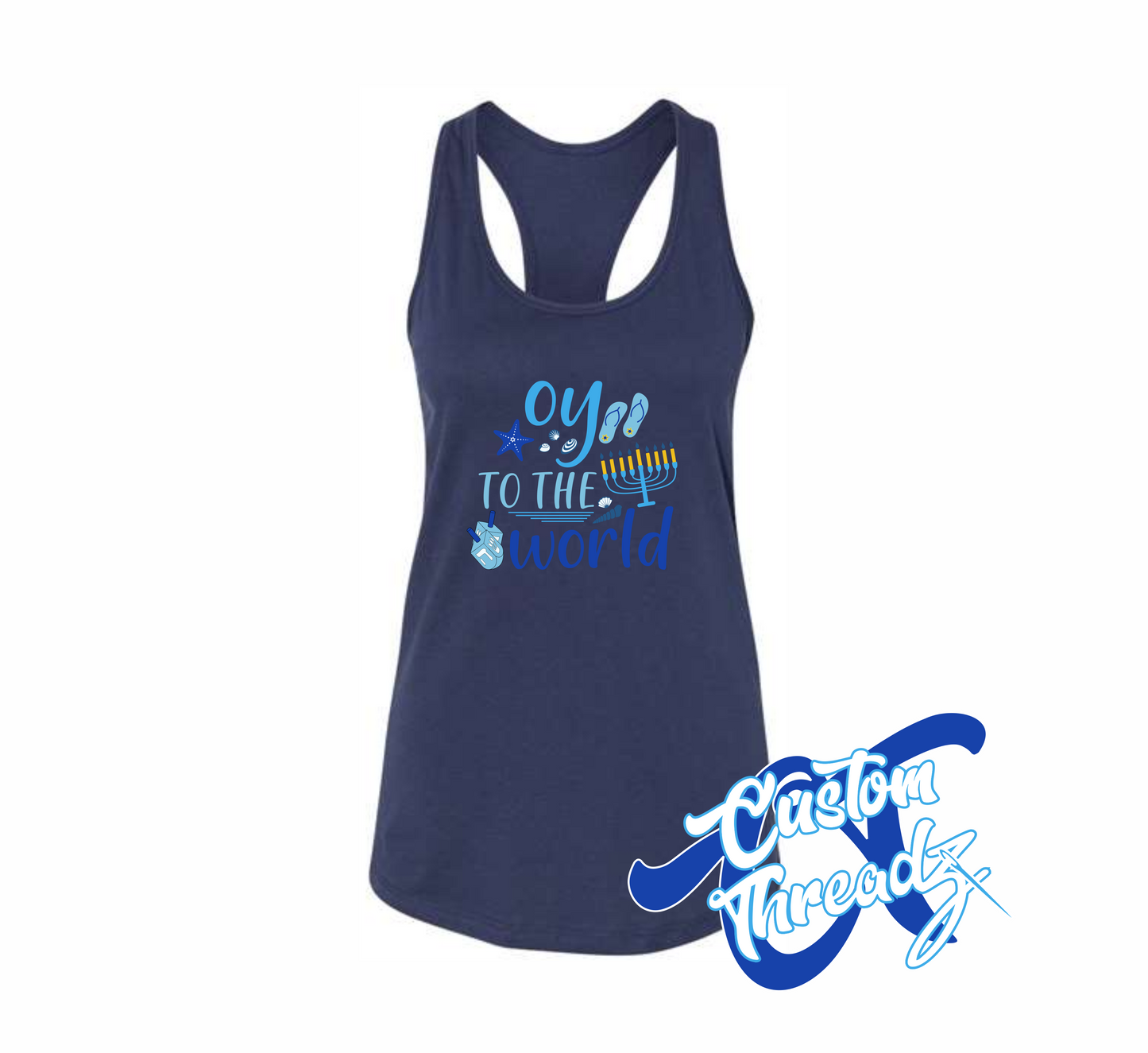 women's navy tank top with oy to the world hanukkah beach DTG printed design